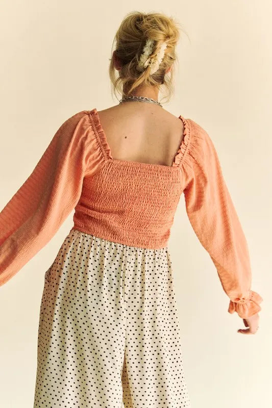 Peach Color Strap Front Corset Look Long Puff Sleeve Blouse - Tigbul's Variety Fashion Shop