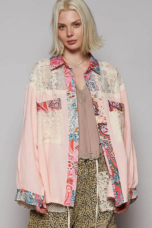 POL Lace Patchwork Floral Trim Long Sleeve Shirt - Tigbul's Variety Fashion Shop