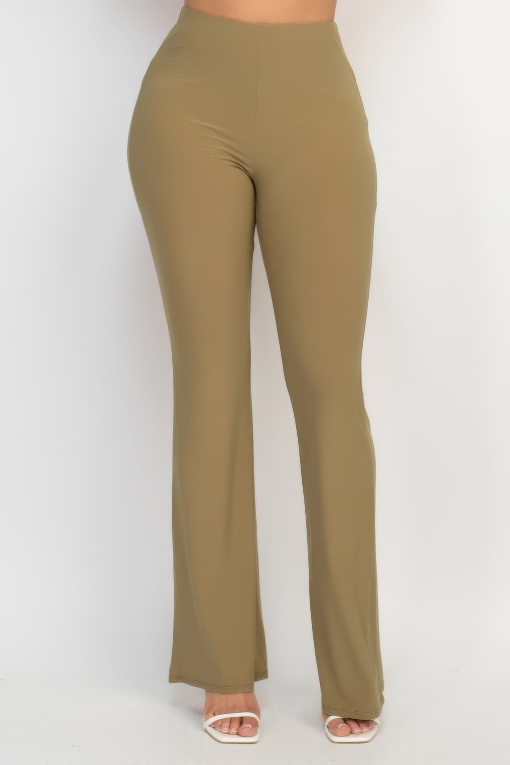 Fit-and-flare casual pants, dark olive, elastic waistband, straight-to-flare leg