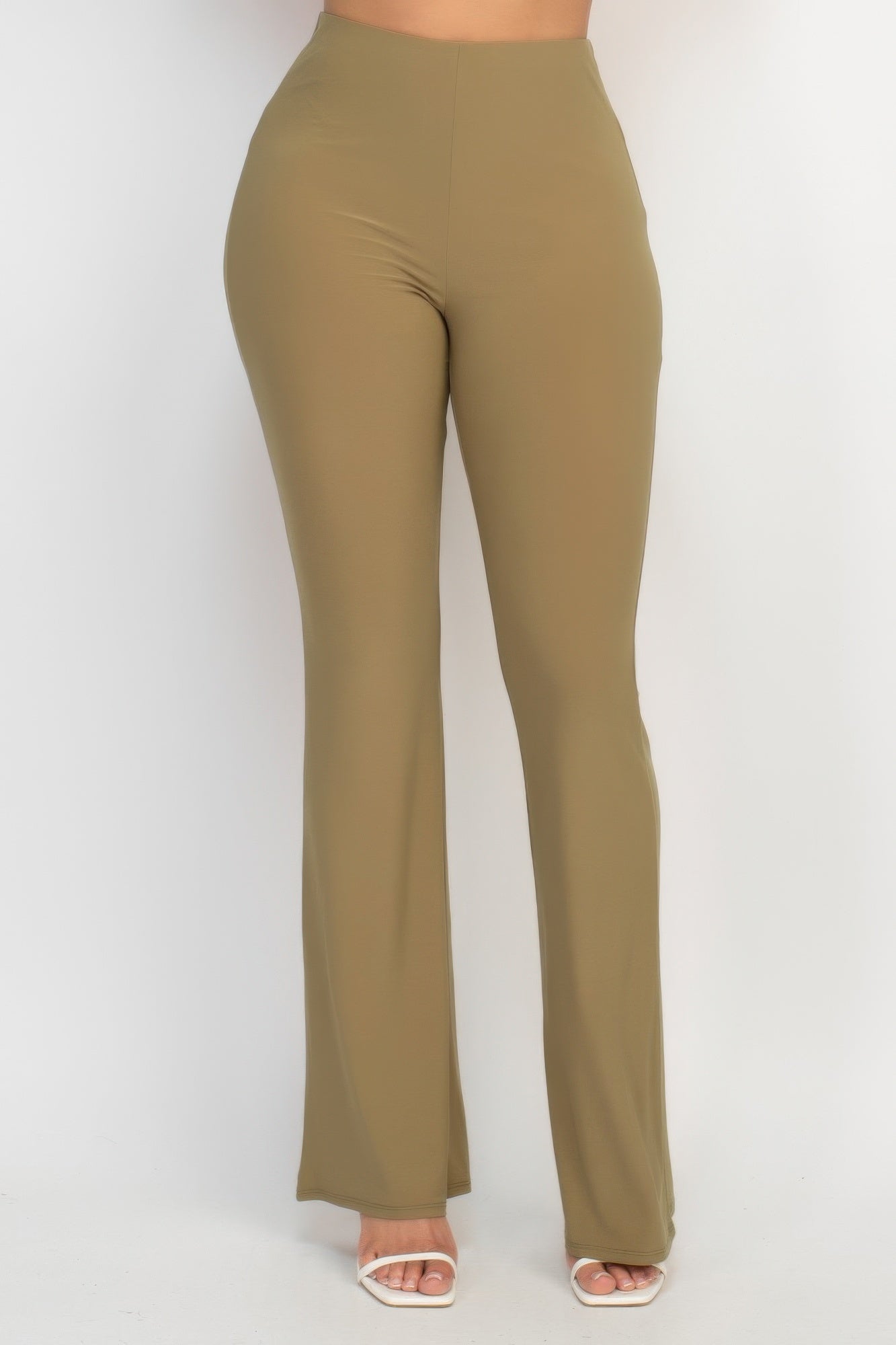 Fit-and-flare casual pants, dark olive, elastic waistband, straight-to-flare leg