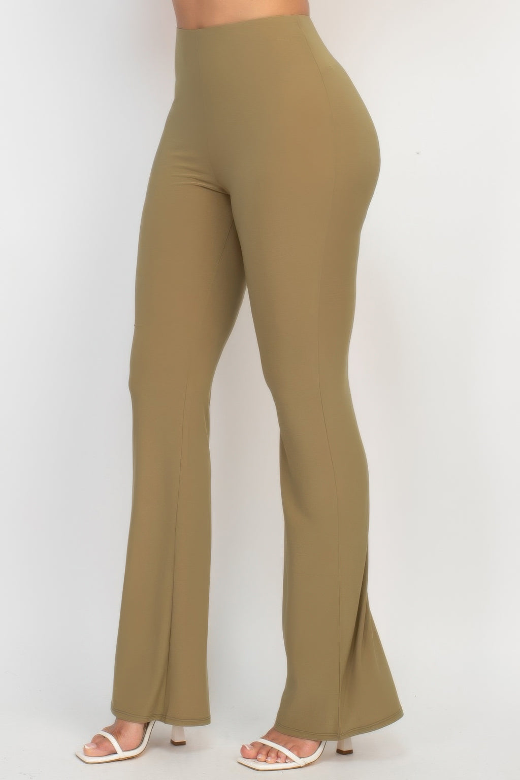 Fit-and-flare casual pants, dark olive back view, elastic waist, bootcut flare