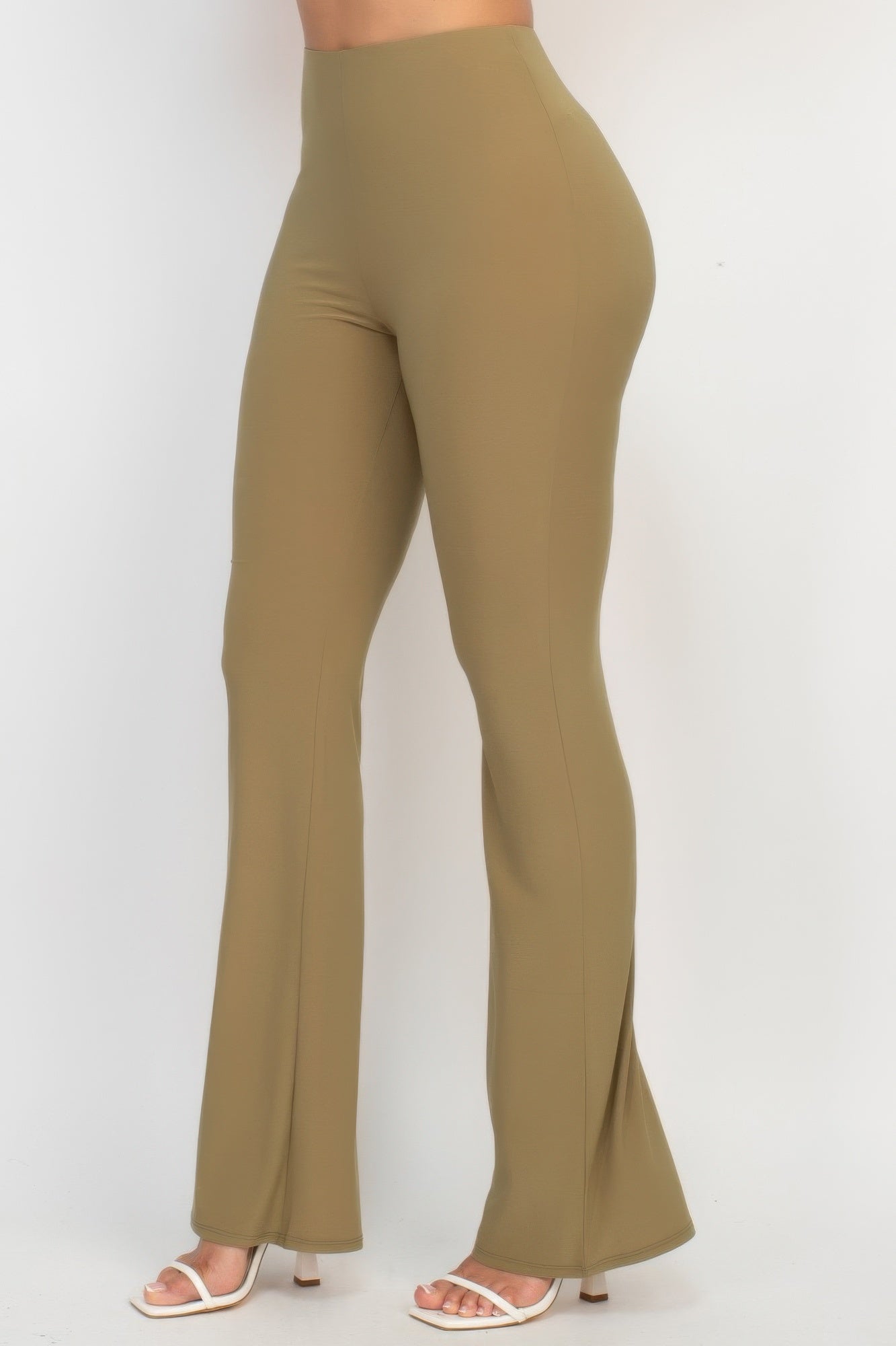 Fit-and-flare casual pants, dark olive back view, elastic waist, bootcut flare