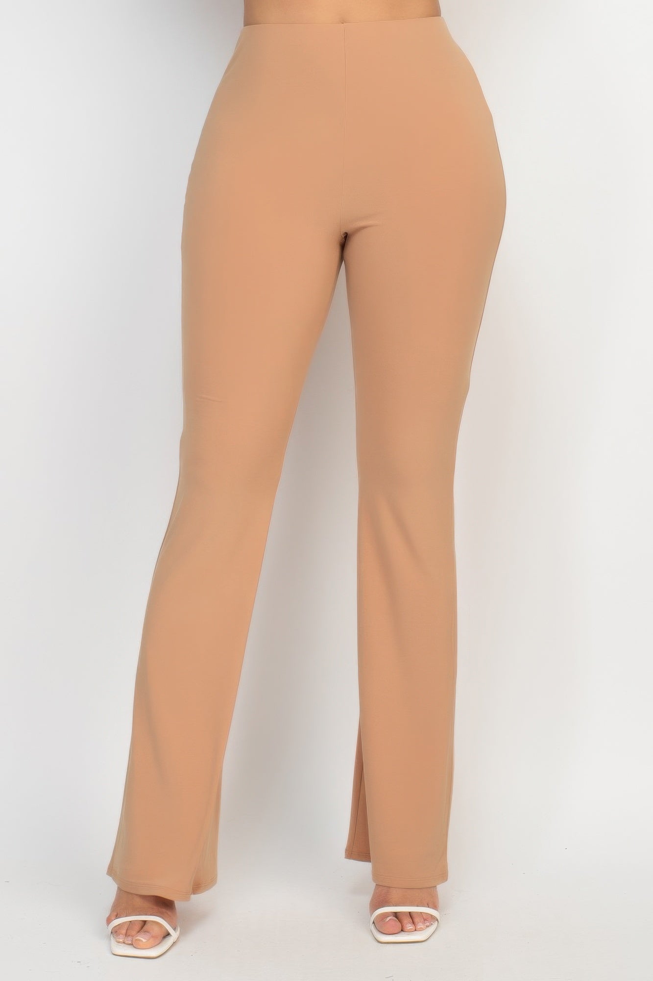 Taupe fit-and-flare casual pants, elastic waist, smooth drape with flared legs