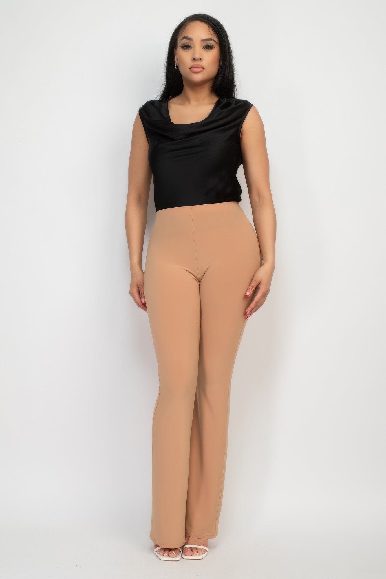 Fit-and-flare casual pants in taupe with elastic waistband and wide flared bottom