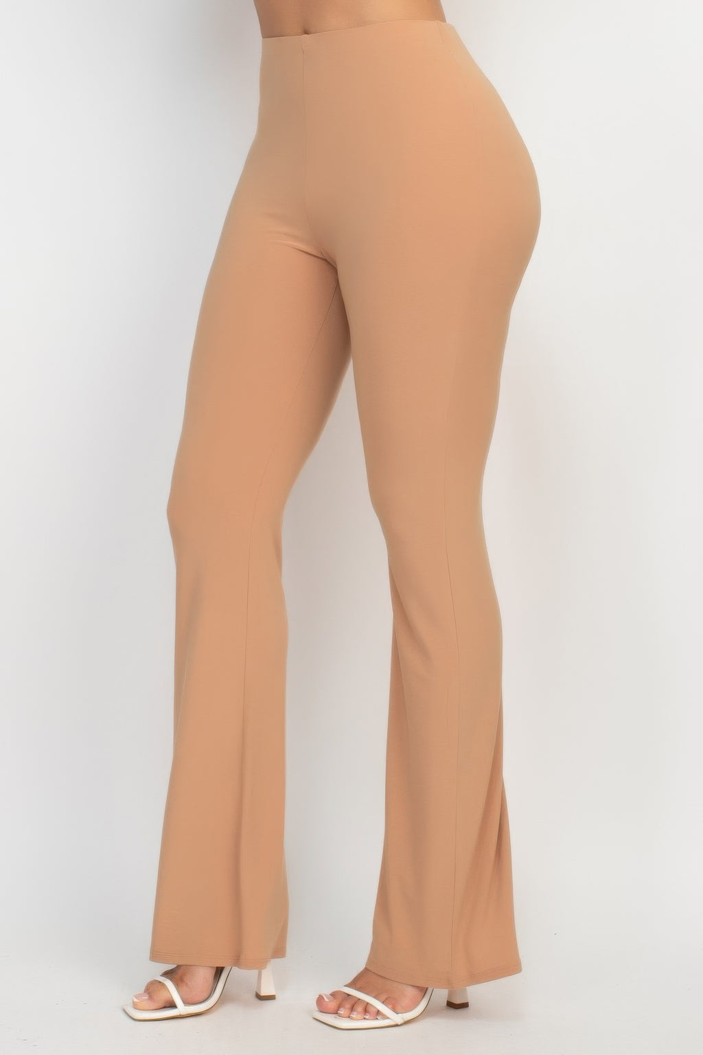 Taupe fit-and-flare casual pants side view with elastic waistband and flared leg