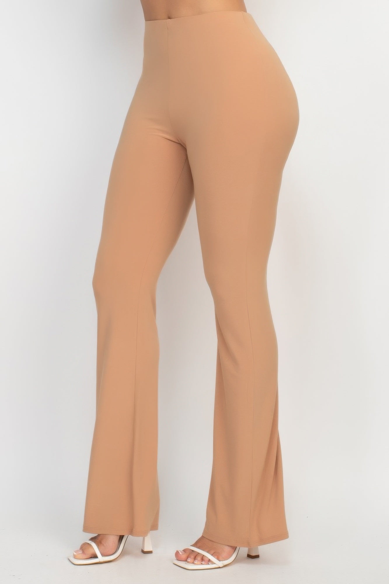 Taupe fit-and-flare casual pants side view with elastic waistband and flared leg