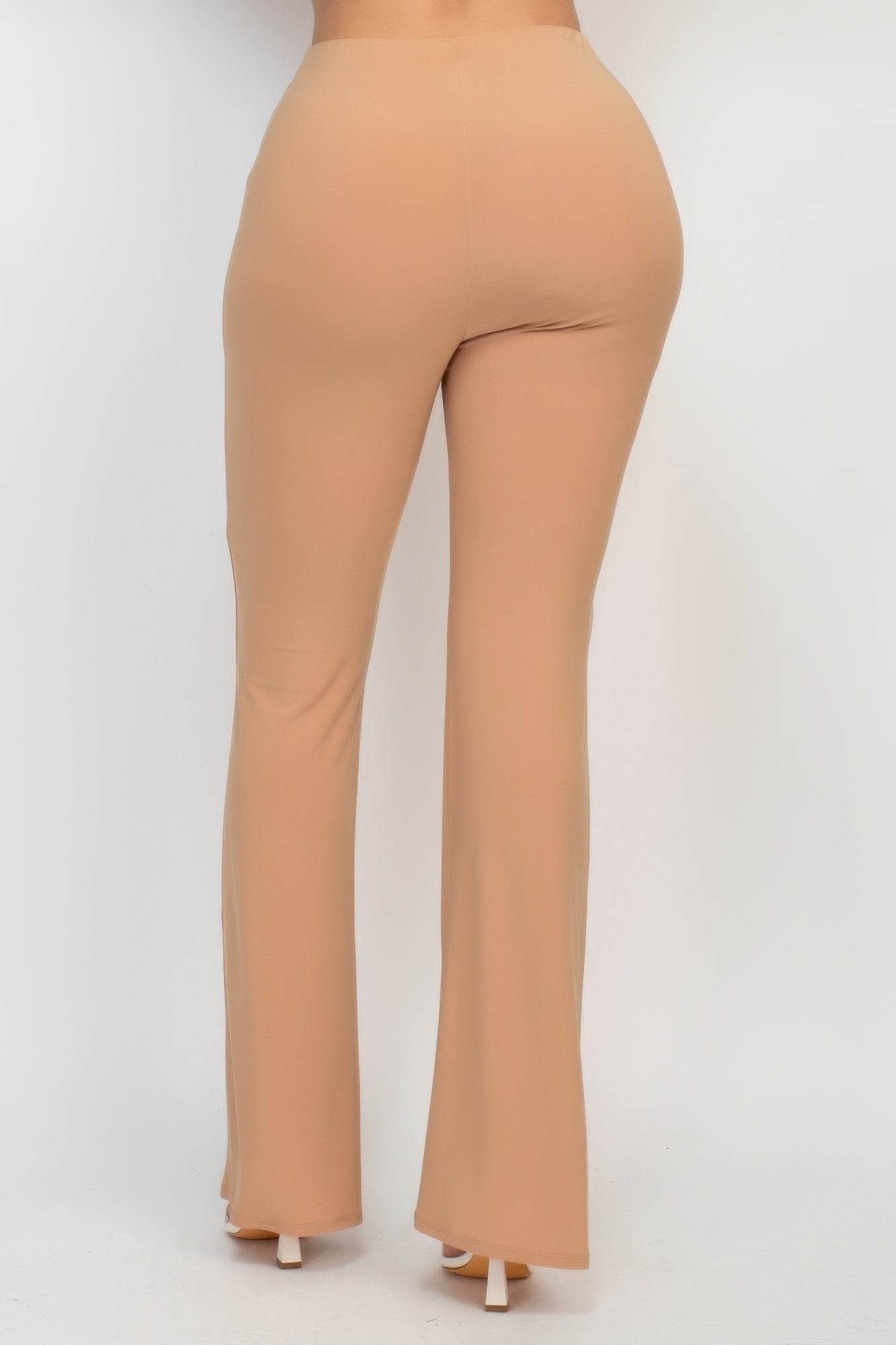 Taupe fit-and-flare casual pants, back view, smooth elastic waistband and flare