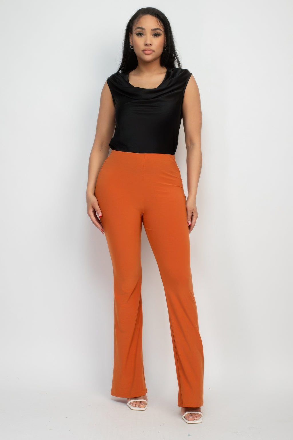 Spice elastic waist fit-and-flare casual pants, full-length wide leg