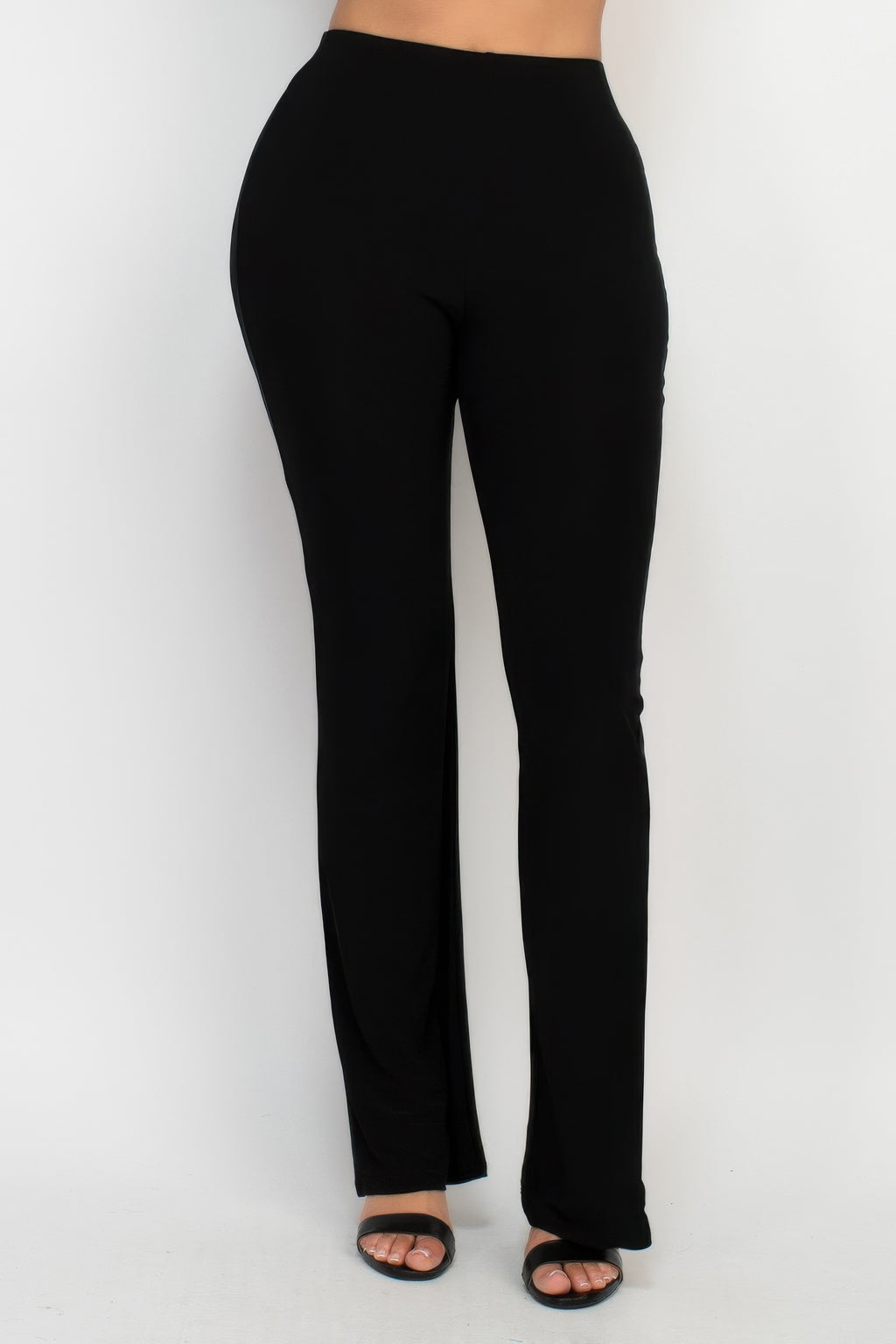 Black elastic waist fit-and-flare casual pants with smooth wide legs