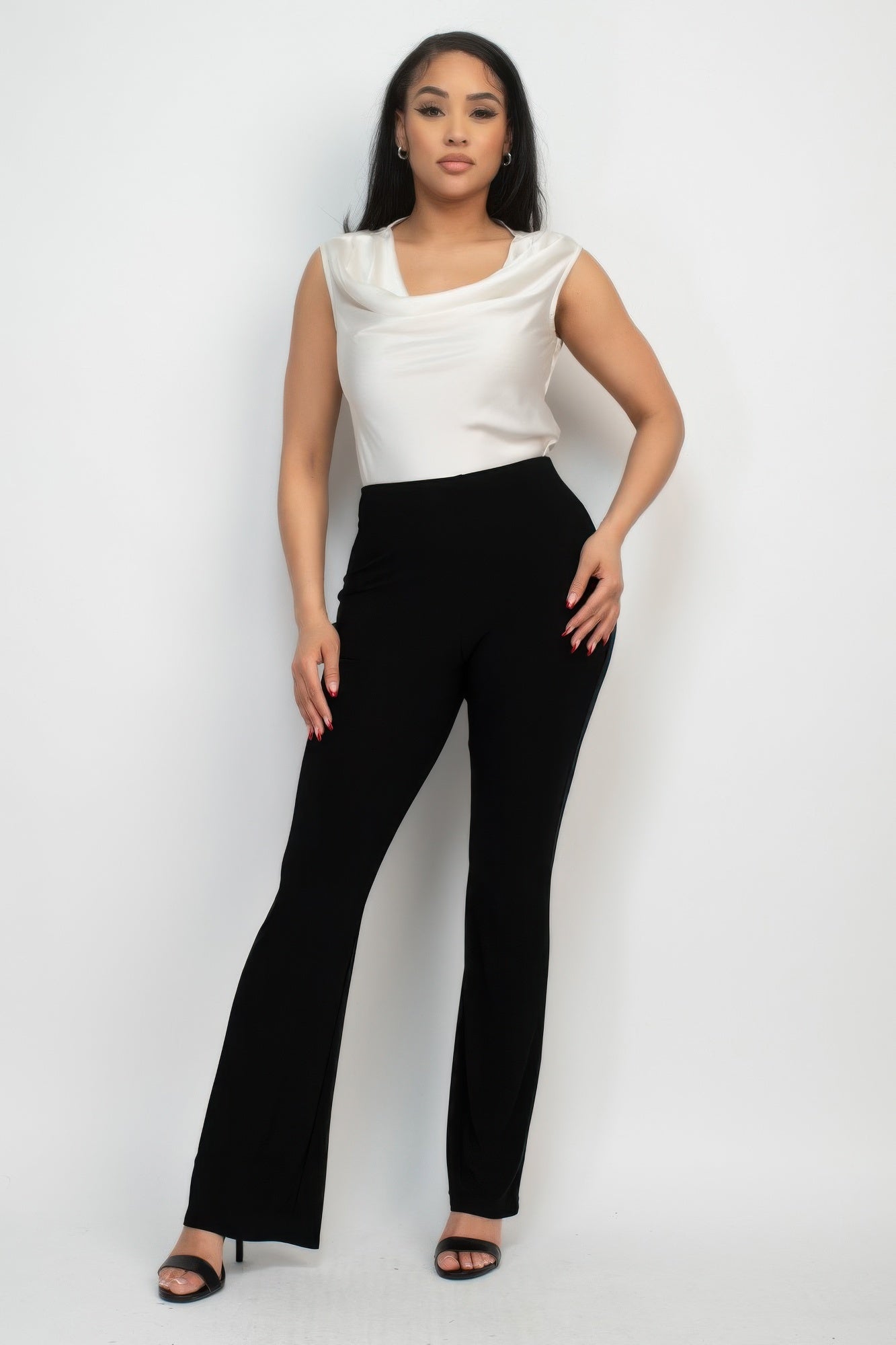 Black fit-and-flare casual pants, full-length wide leg and elastic waistband
