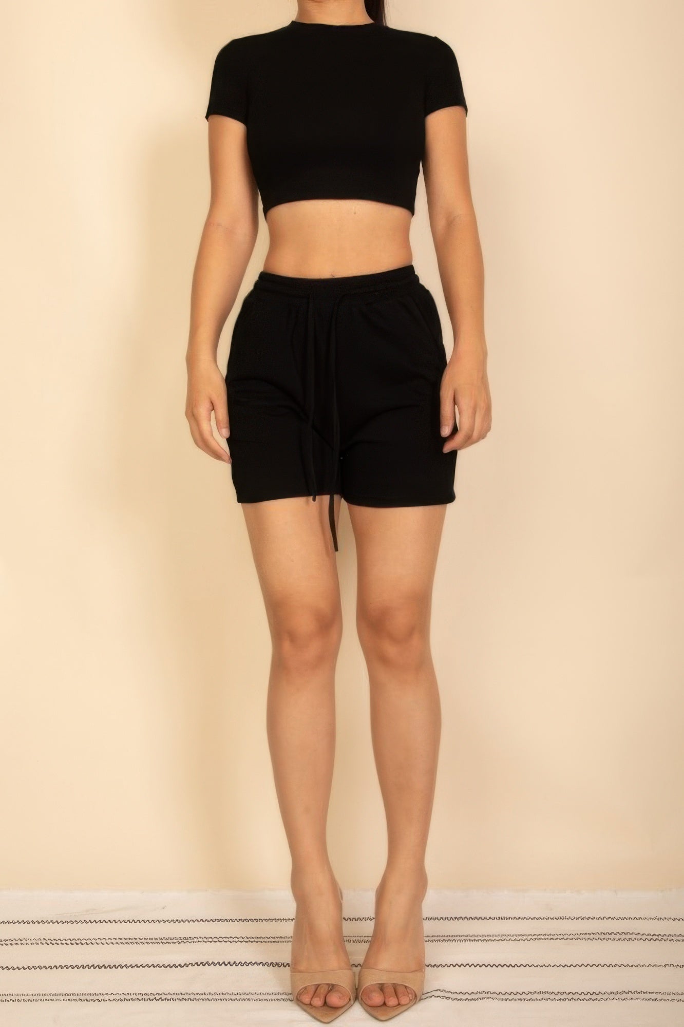 Fitted crop tee and drawstring shorts set, black—drawstring tie at the waist