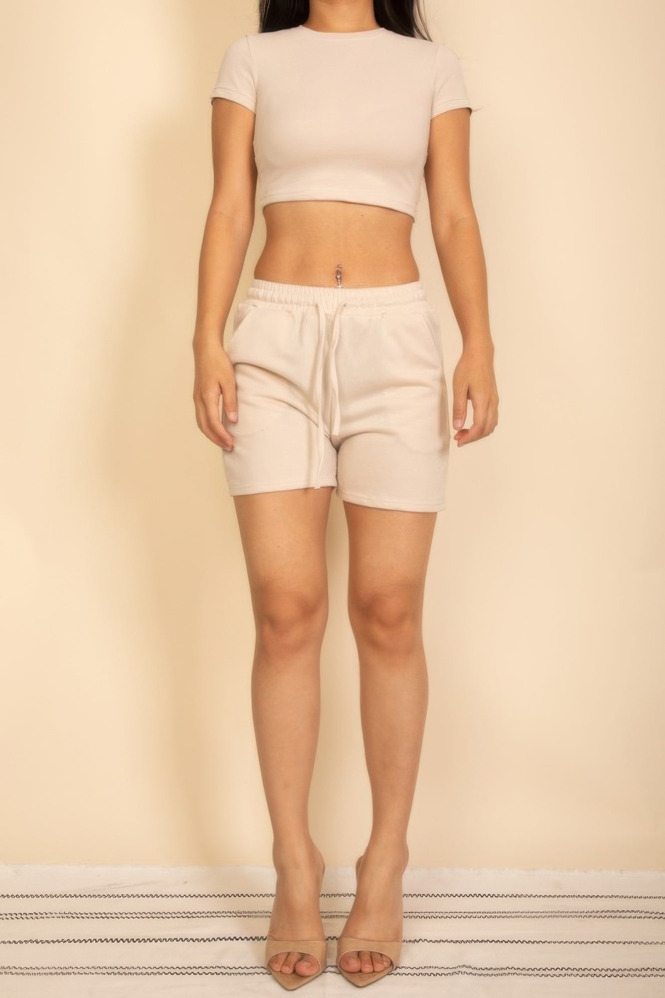 Fitted crop tee and drawstring shorts set, sand beige—tie-waist shorts in front