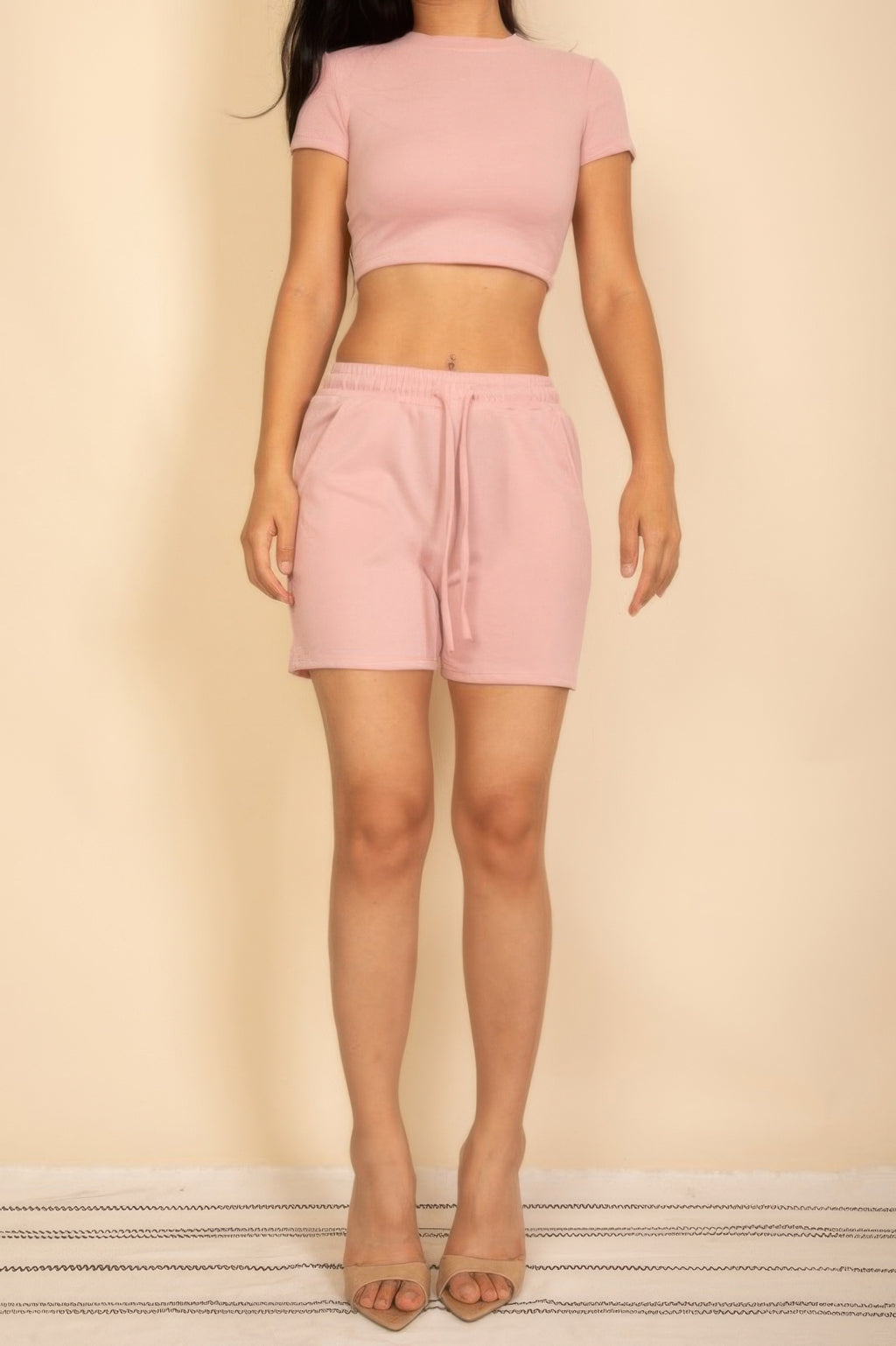 Fitted crop tee and drawstring shorts set, dusty pink—front view with tie waist