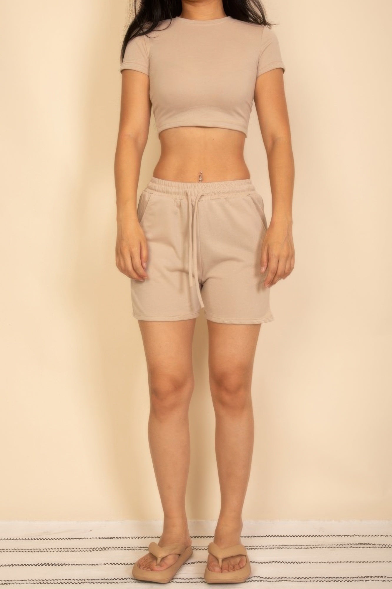 Fitted crop tee and drawstring shorts set, taupe-beige—front view, tie-waist shorts