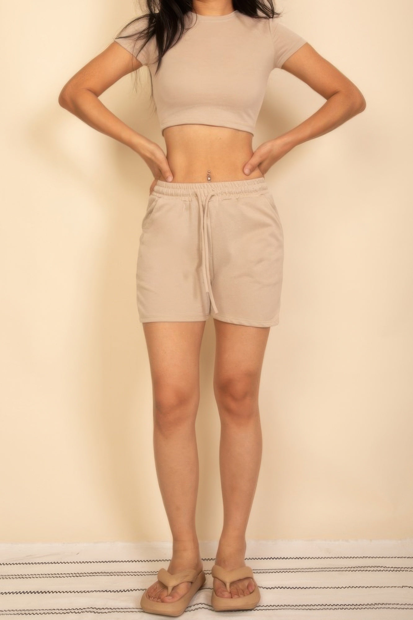Fitted crop tee and adjustable drawstring shorts set, beige