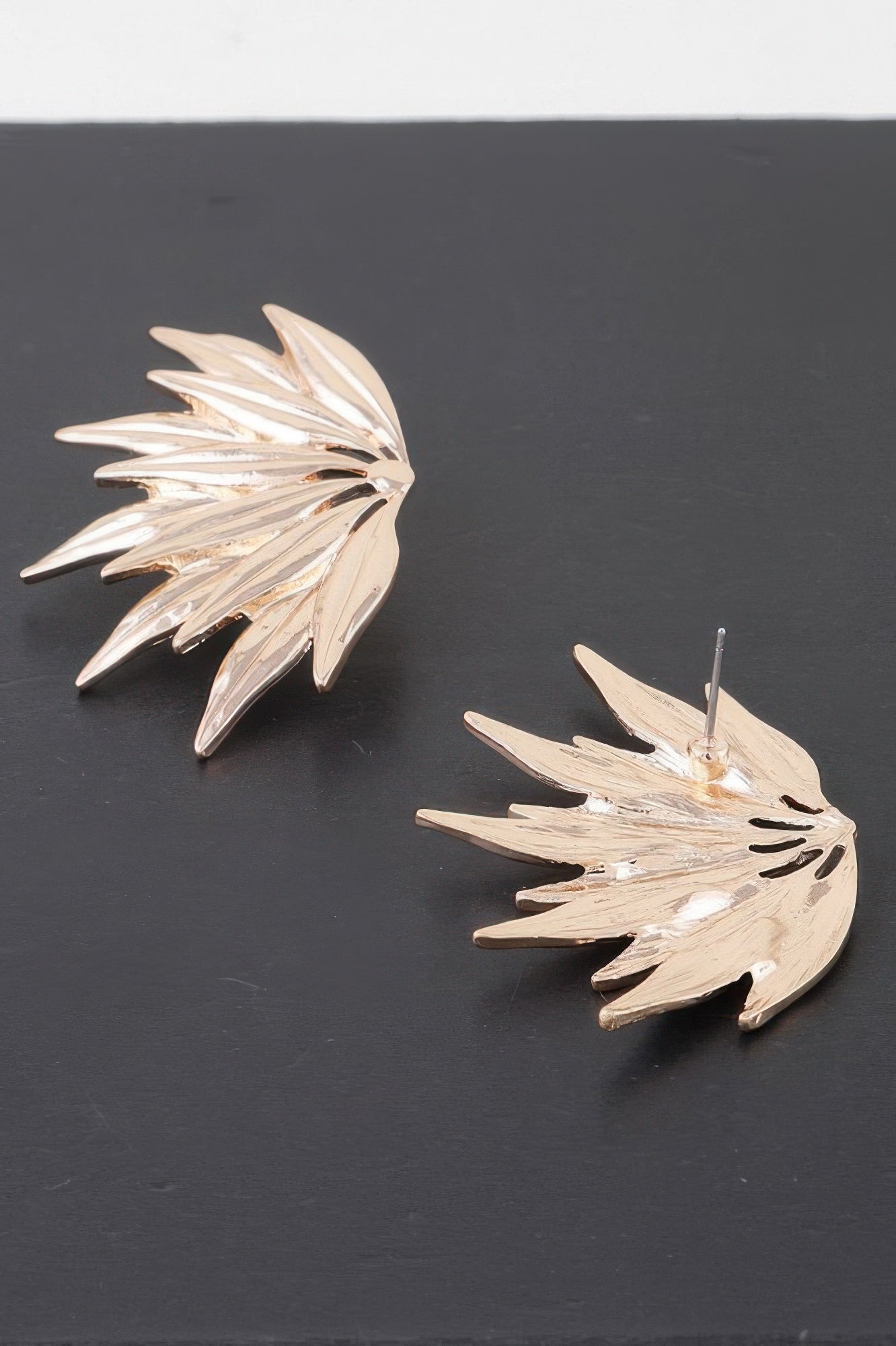 Gold flared petal wing earrings, layered petal wings with round stud posts
