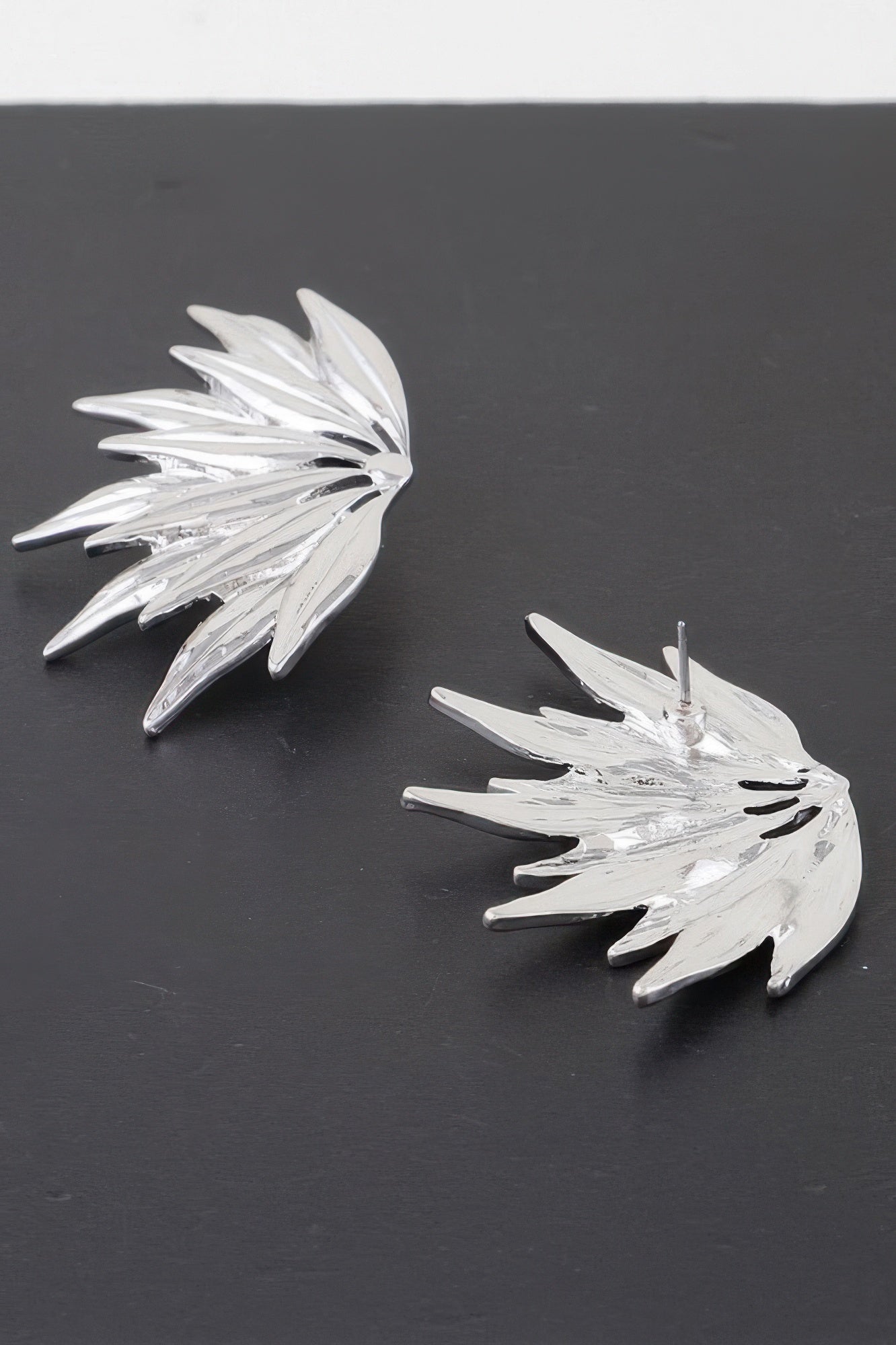 Silver flared petal wing earrings, layered feather-like petals with stud posts