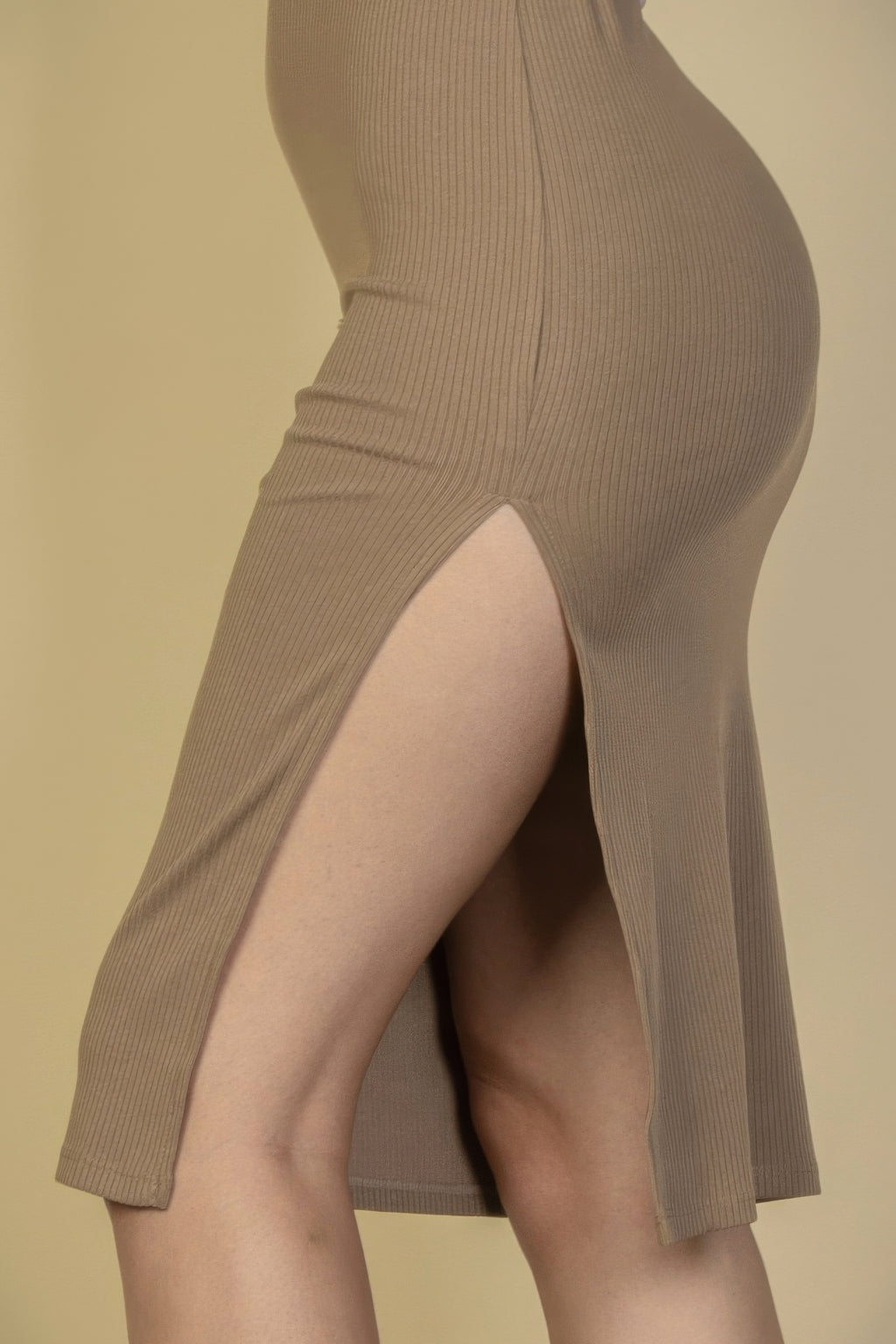 Taupe ribbed side slit detail on fitted sleeveless tank dress