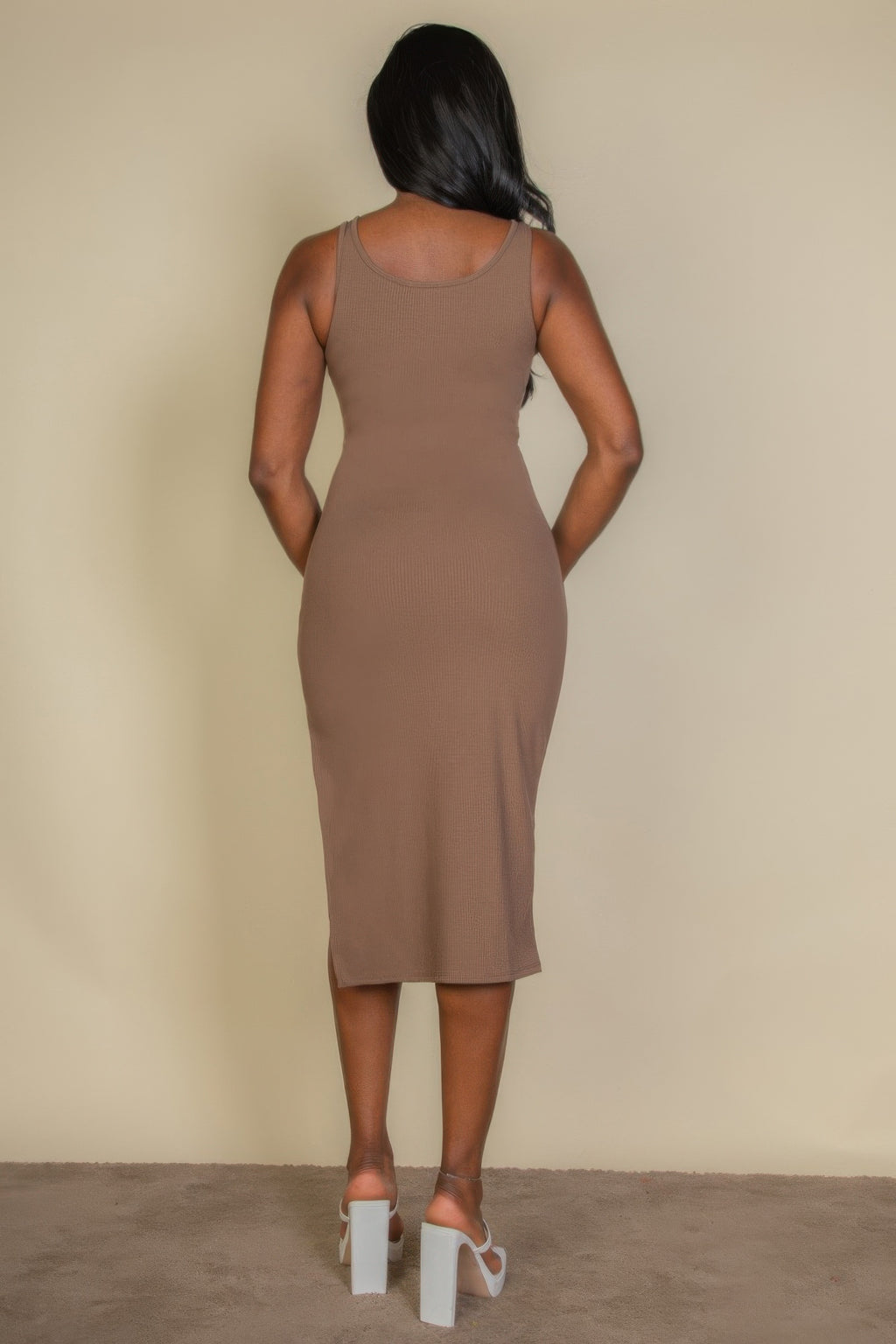 Back view: taupe/brown ribbed sleeveless bodycon midi dress with side slit