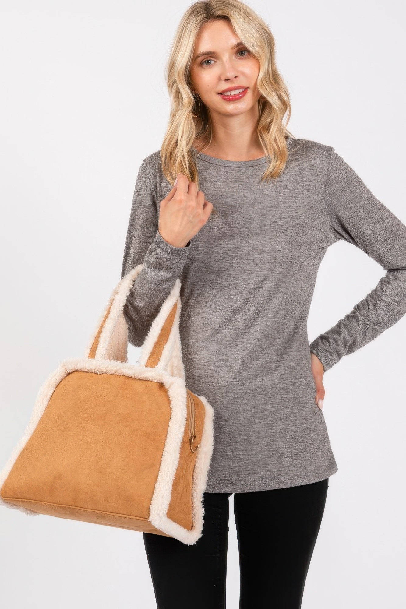 Camel tote and crossbody bag with white fleece trim and long strap