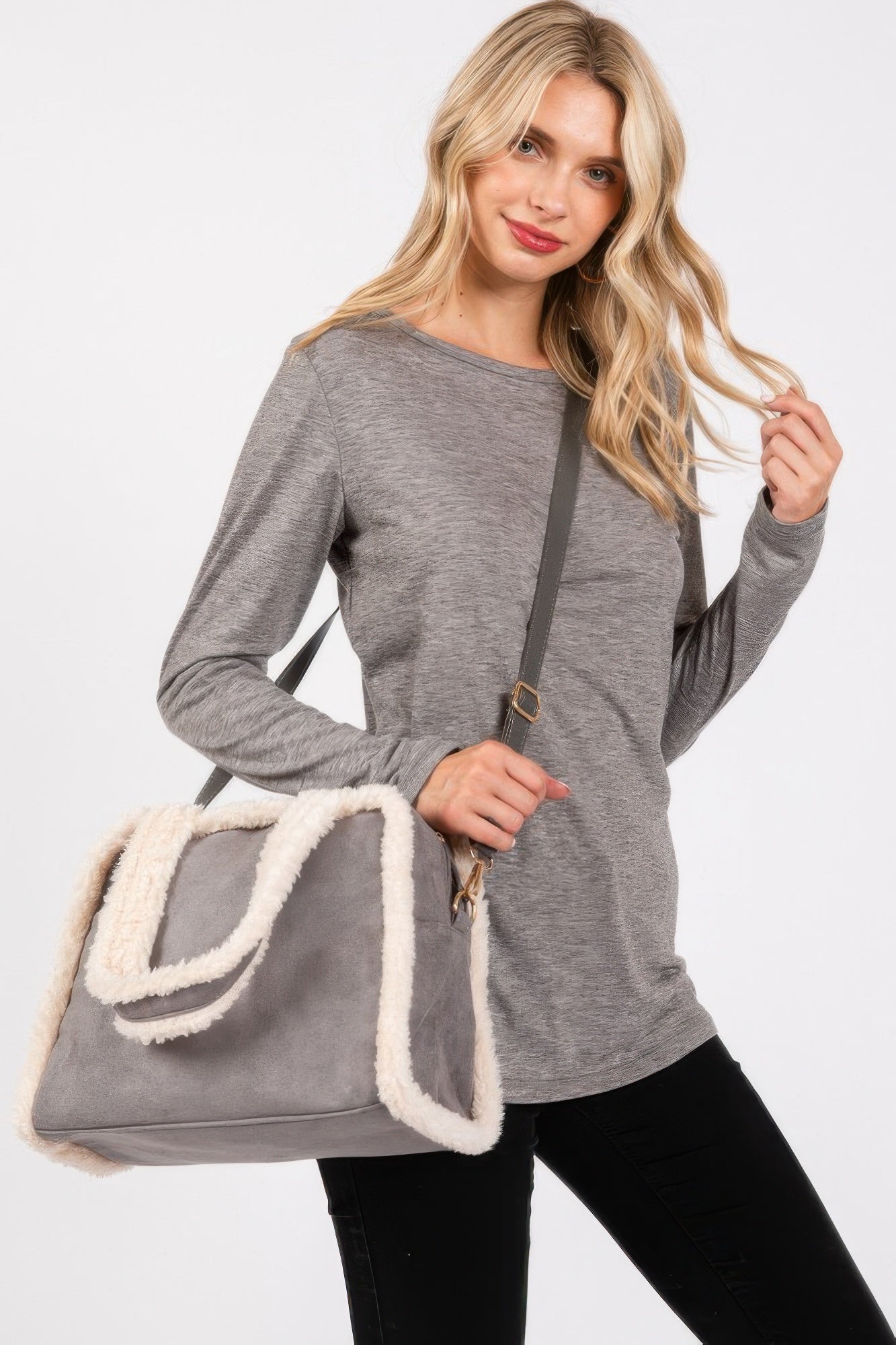 Light gray tote and crossbody with white fleece trim and striped front detail