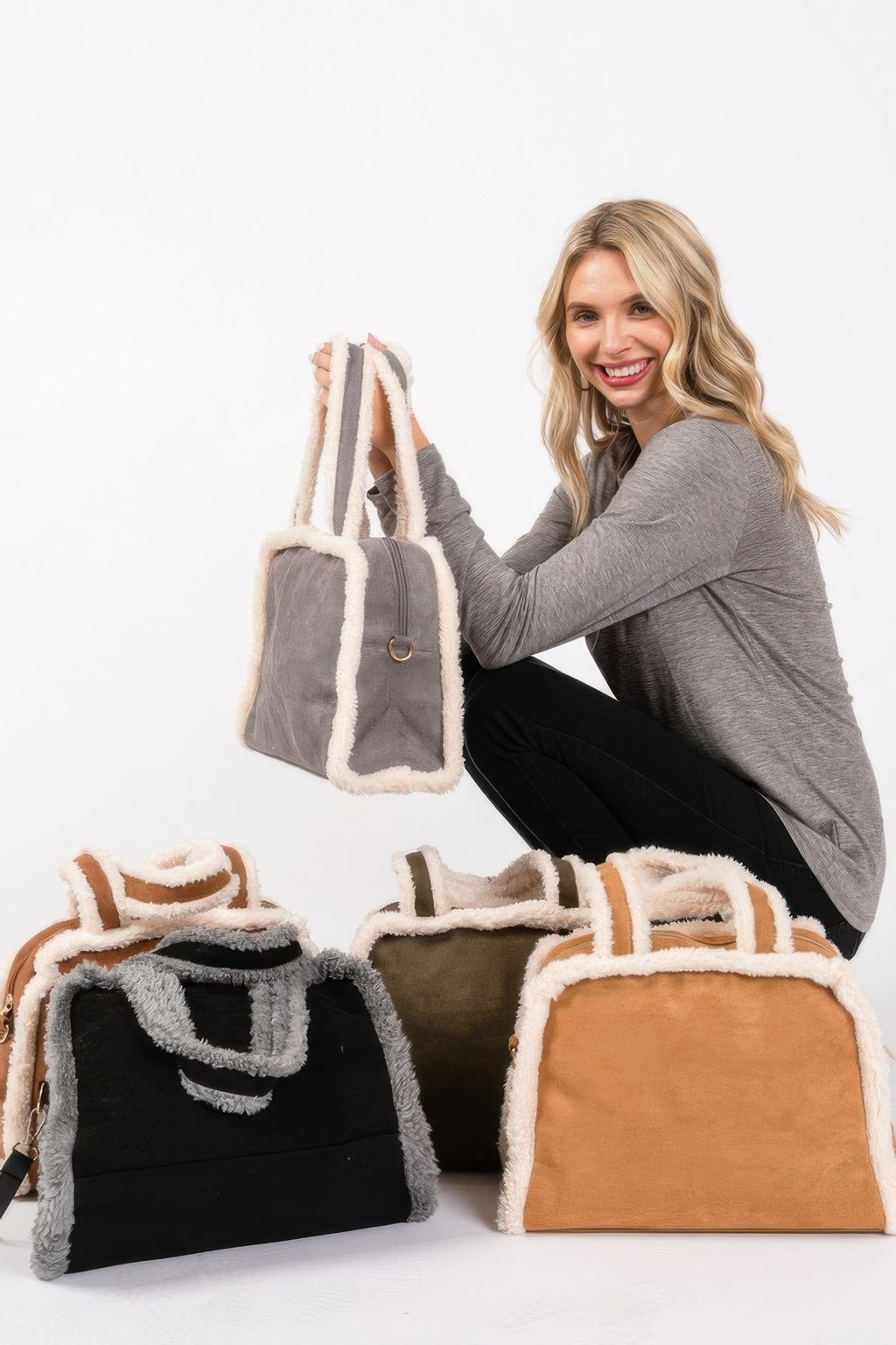 Fleece-trim tote and crossbody bag, gray with tan shearling-style edging