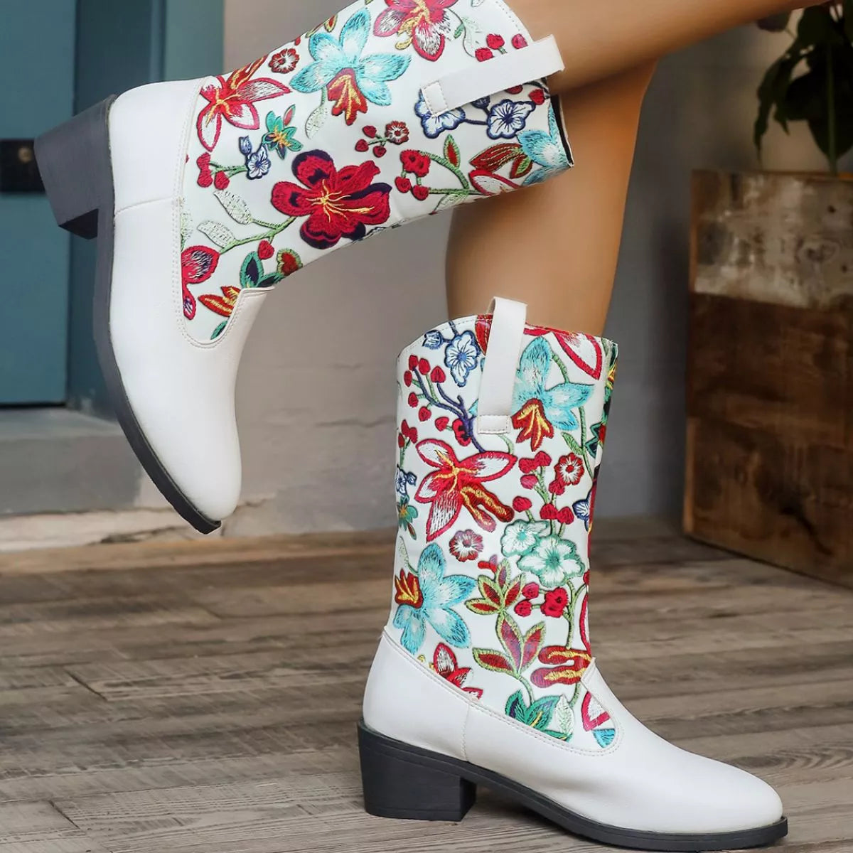 Floral Block Heel Boots - Tigbul's Variety Fashion Shop