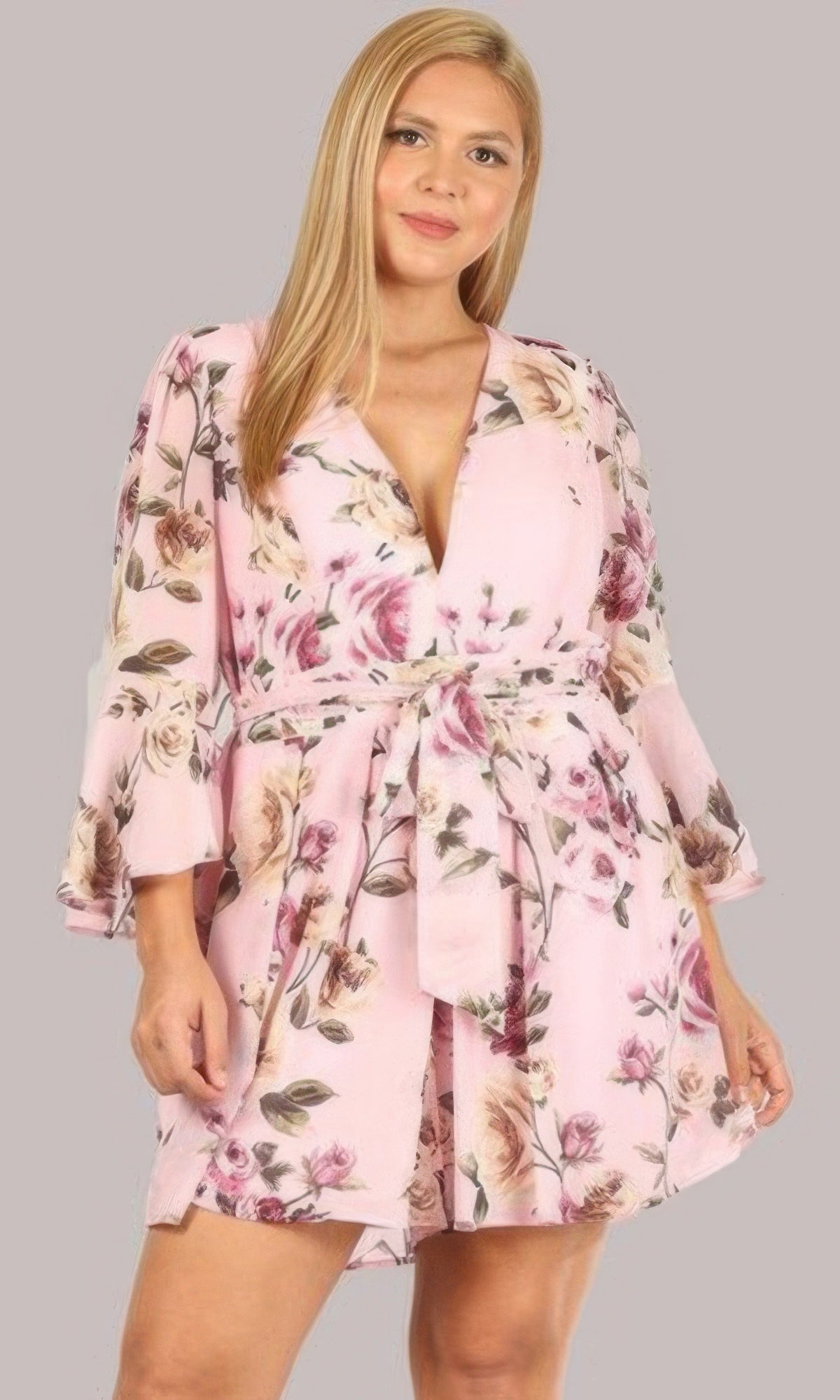 Floral chiffon romper with V-neck and 3/4 sleeves, tie waist at pink print