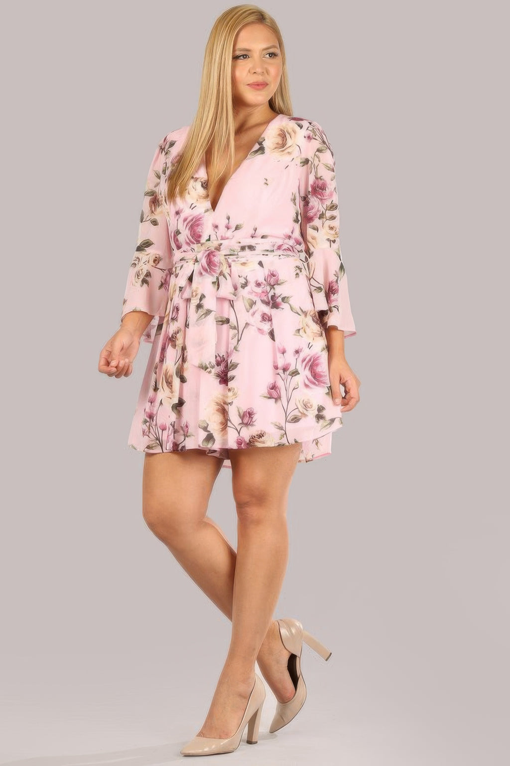 Floral tie-waist chiffon romper, pink with rose print, V-neck and short ruffle hem