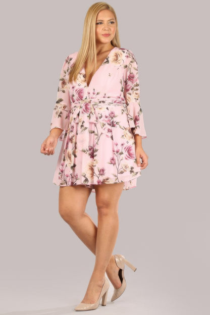 Floral Chiffon 3 4 Sleeve Tie Waist Romper - Tigbul's Variety Fashion Shop