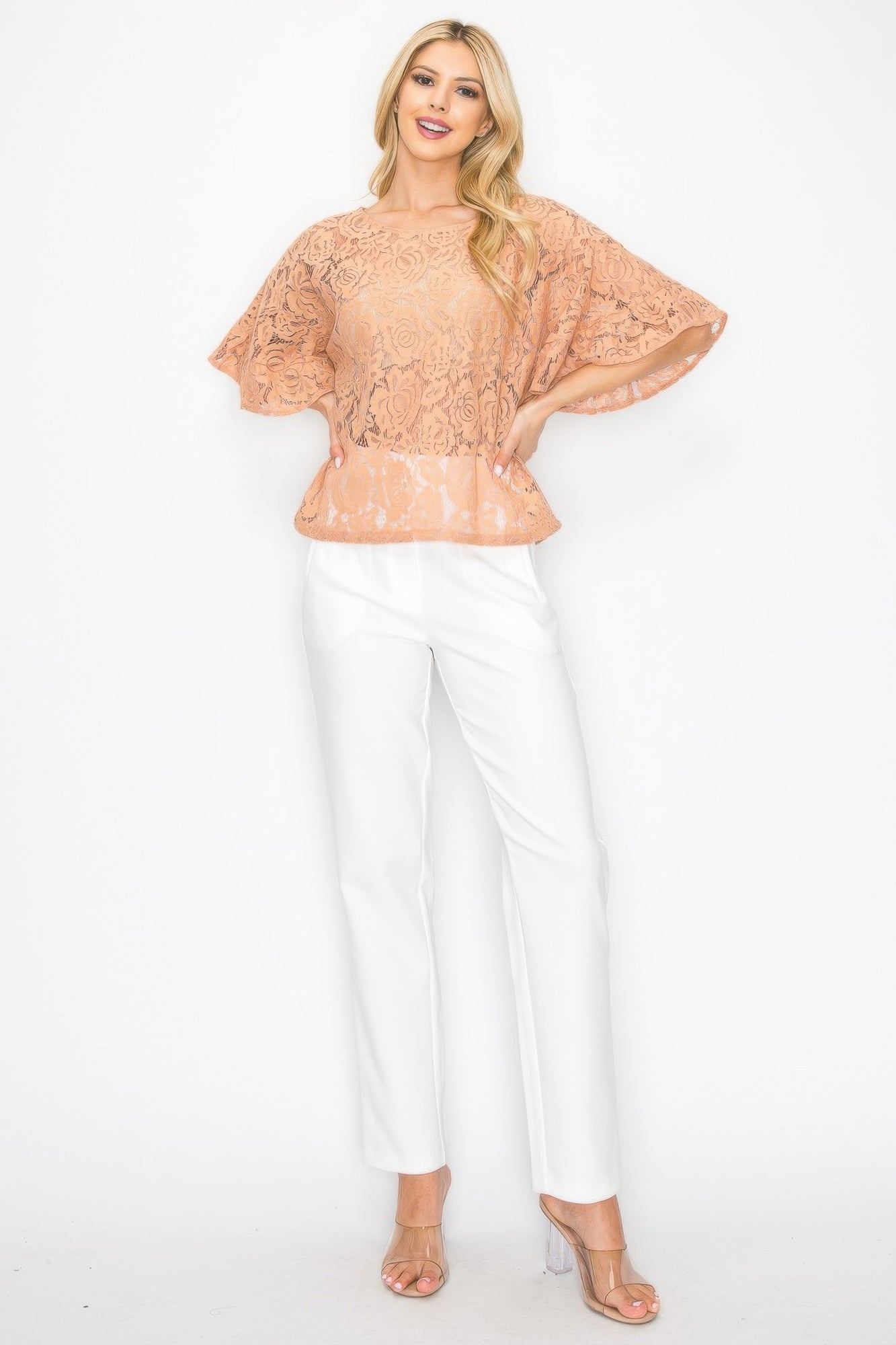 Boxy lace peplum blouse with floral embroidery, peach; wide flutter sleeves