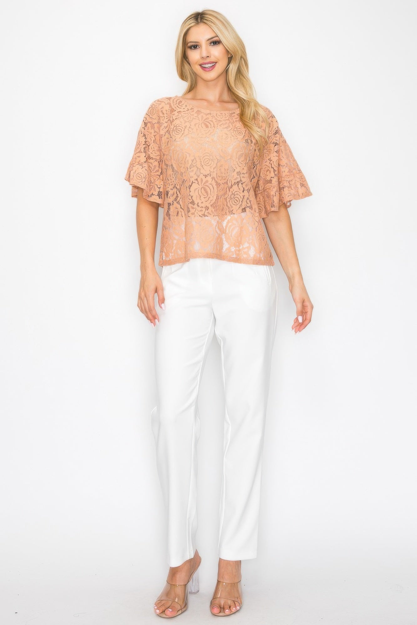 Peach embroidered lace boxy blouse with flutter sleeves and round neckline
