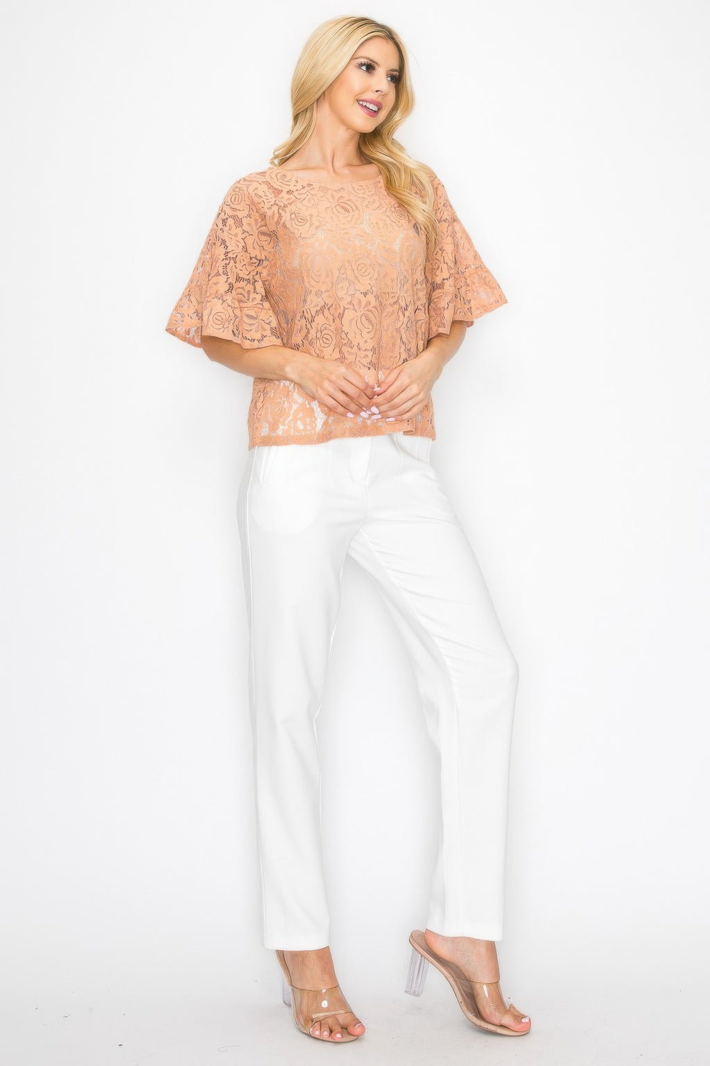 Embroidered crochet lace boxy blouse, peach; draped peplum hem