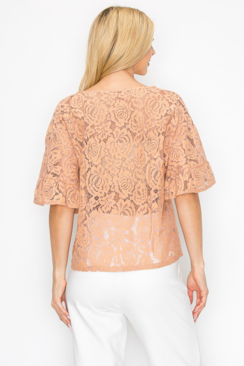 Floral embroidered crochet lace boxy blouse, back view, short bell sleeves