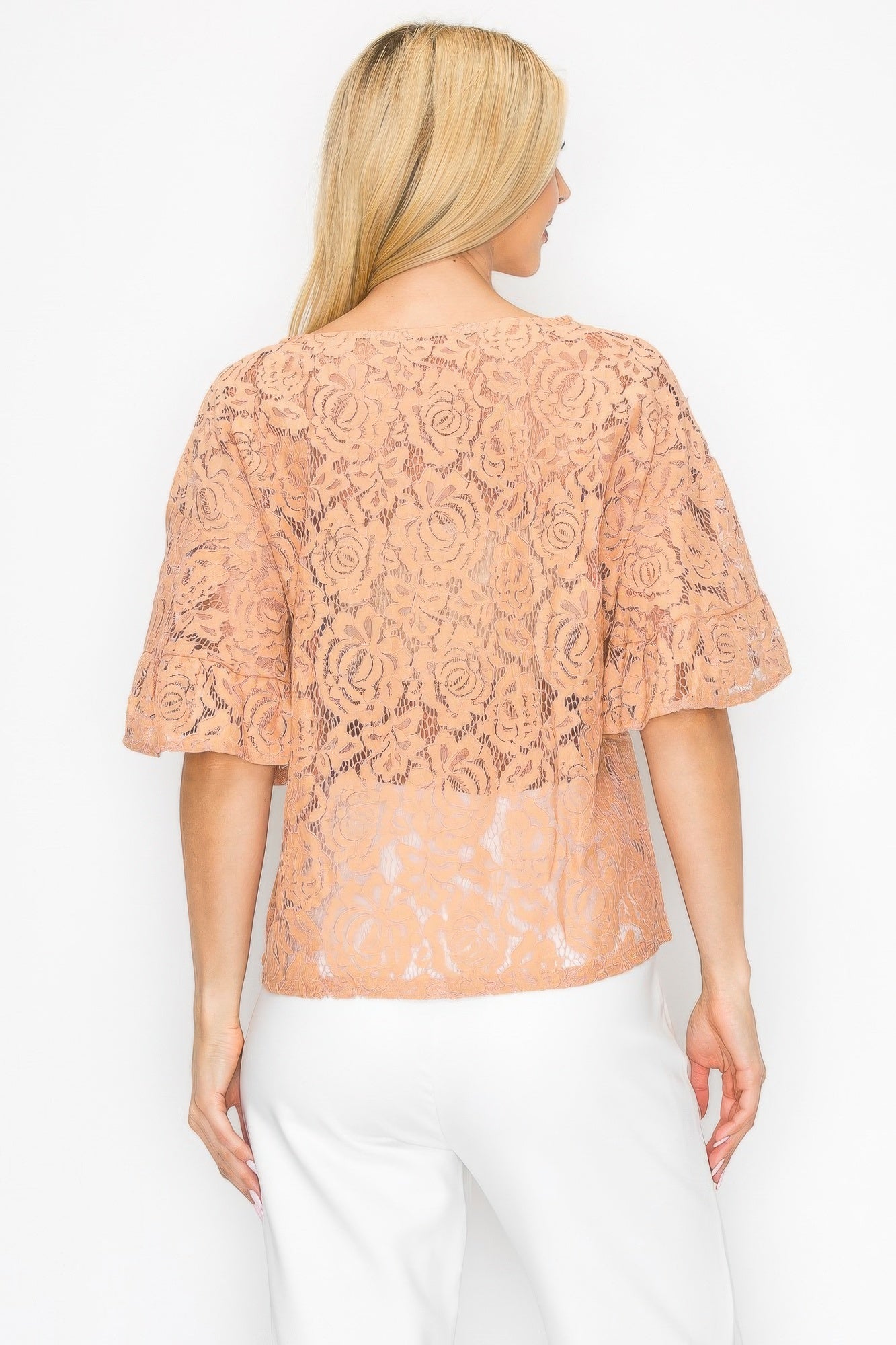 Floral embroidered crochet lace boxy blouse, back view, short bell sleeves