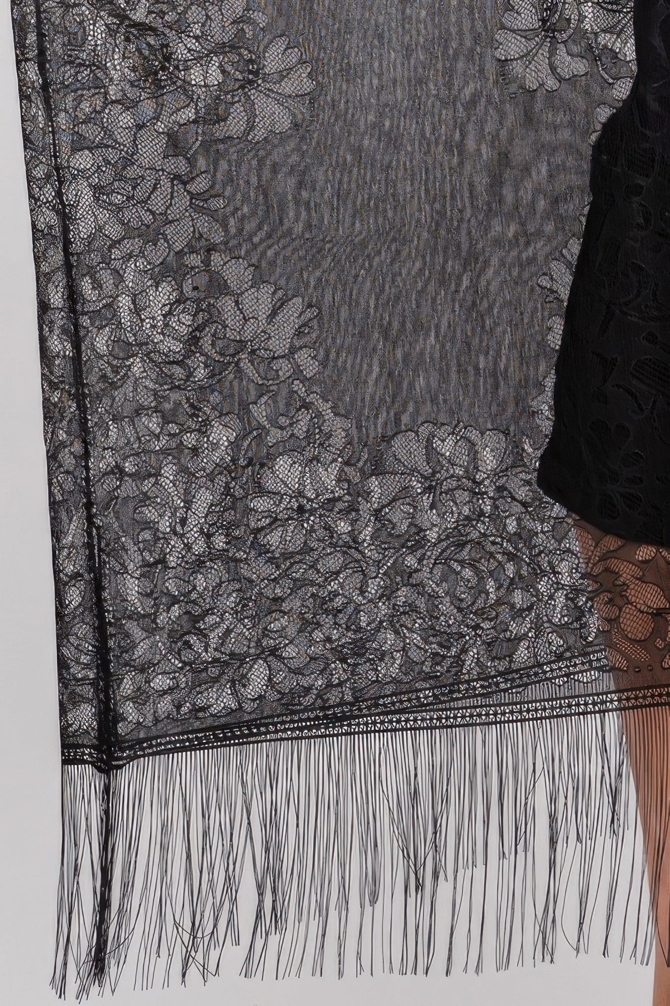 Black floral lace kimono lace panel with fringe tassels at the hem