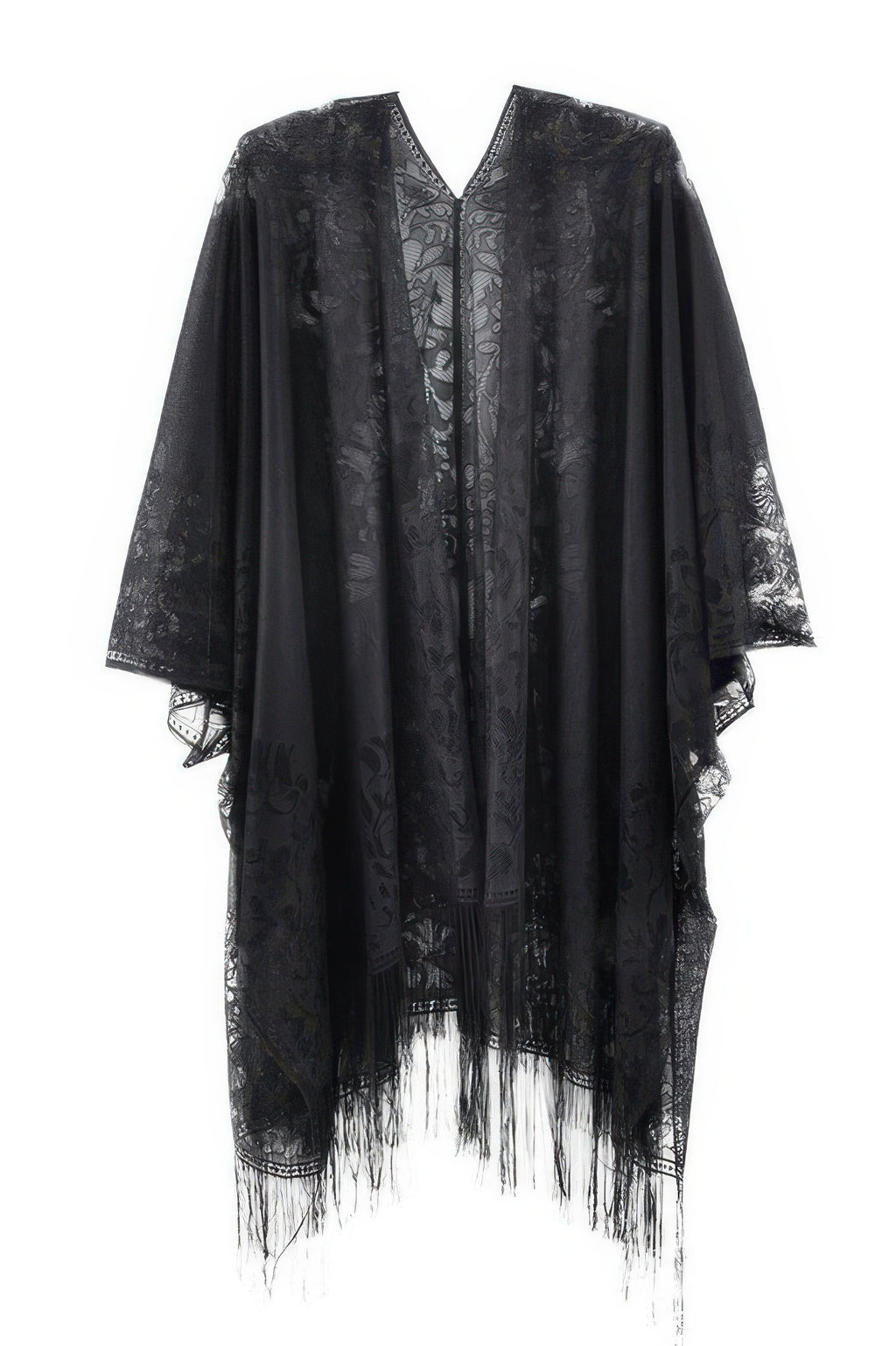 Black floral lace kimono cover-up with fringe tassel hem and open front