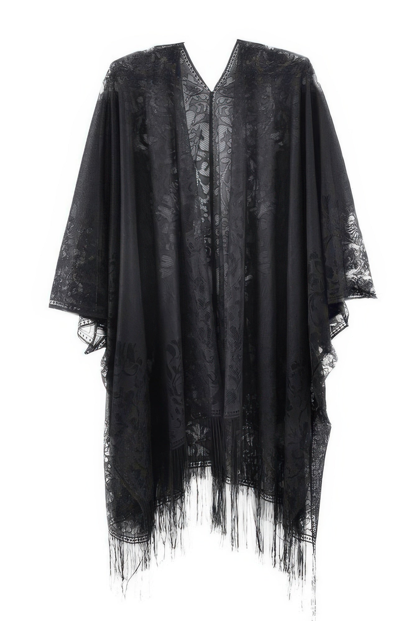 Black floral lace kimono cover-up with fringe tassel hem and open front