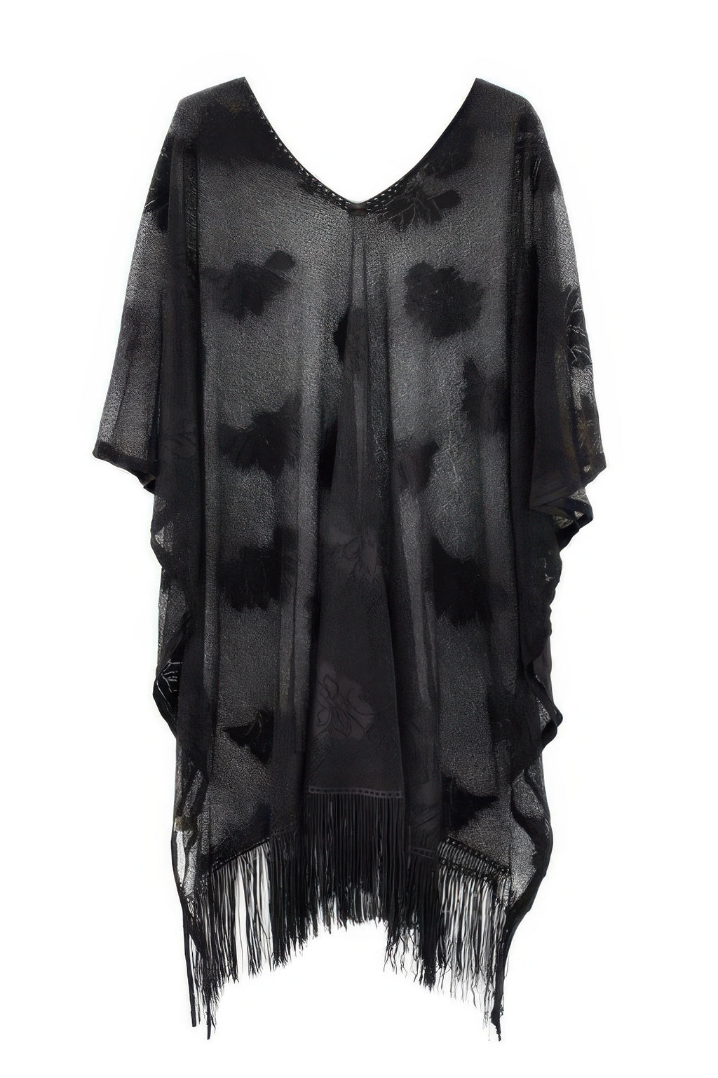 Black floral lace poncho with V-neck, sheer drape and long fringe hem