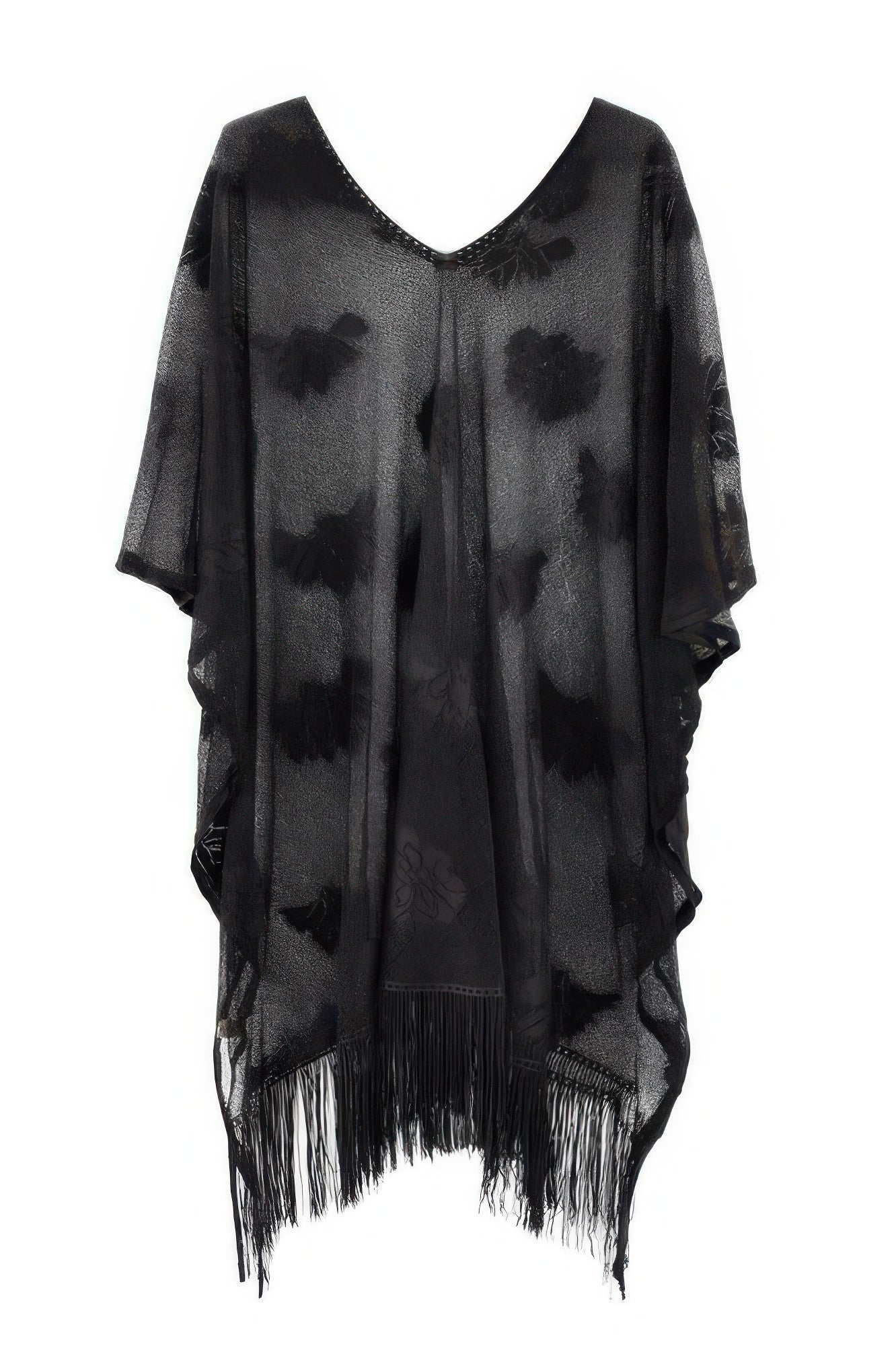Black floral lace poncho with V-neck, sheer drape and long fringe hem