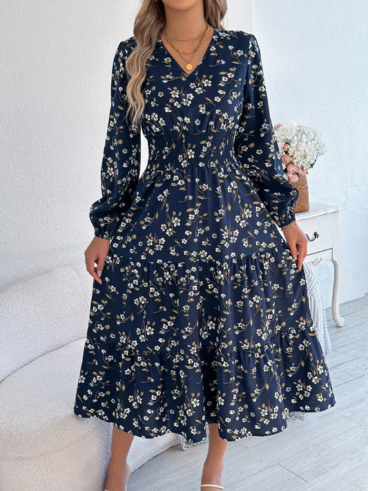 Floral Print Long Sleeve V-Neck Midi Dress - Tigbul's Variety Fashion Shop