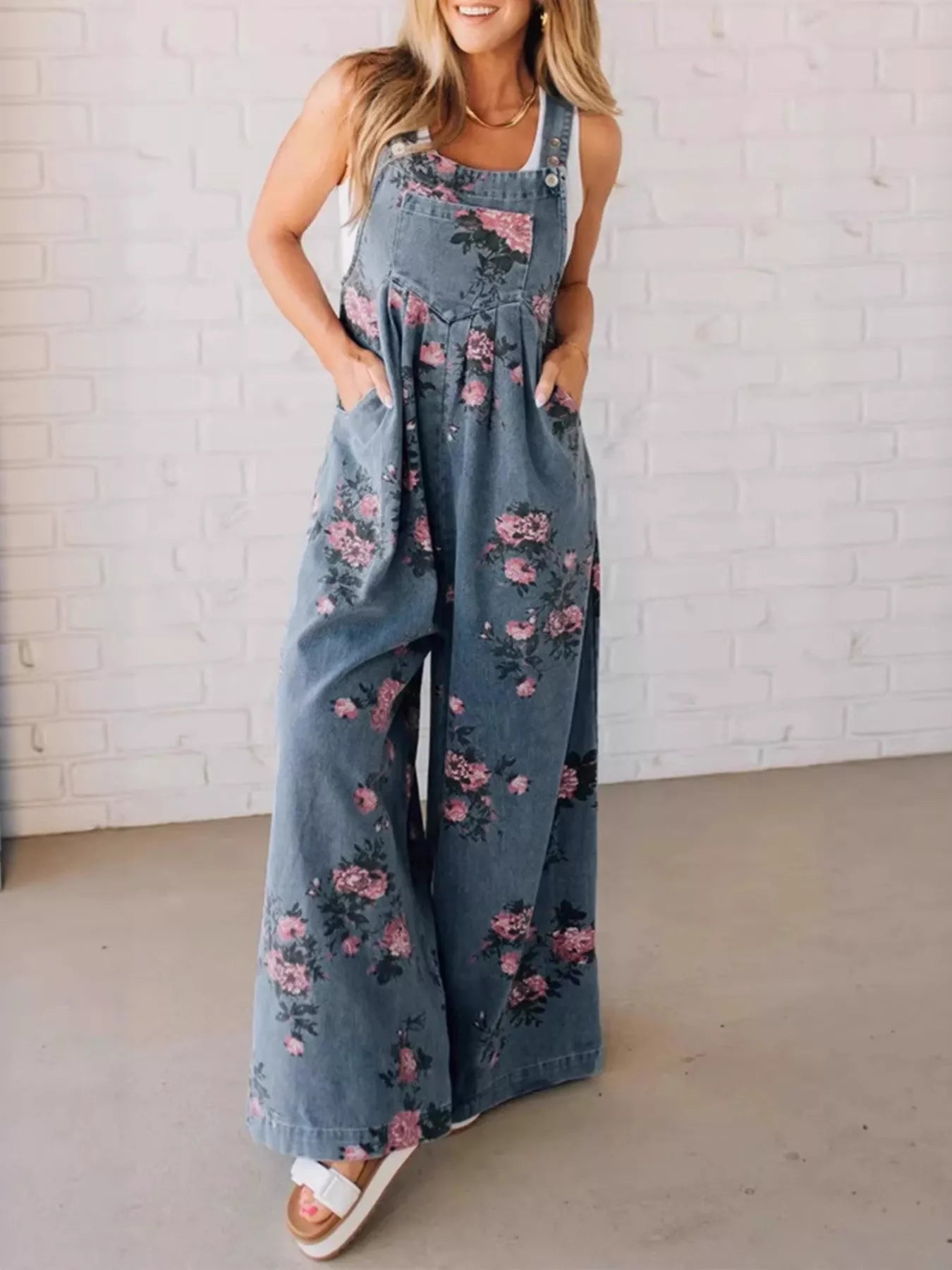 Floral Print Wide Leg Denim Overalls - Tigbul's Variety Fashion Shop