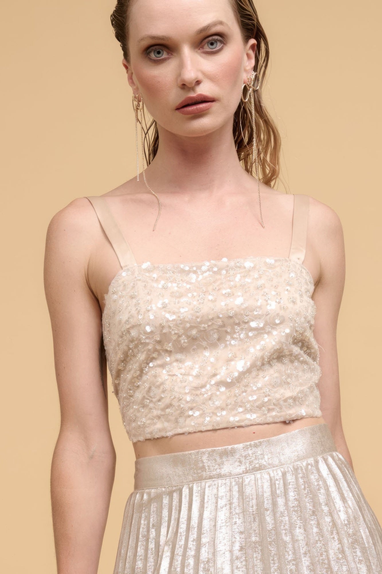 Floral sequin straight-neck crop top, champagne tone, thin straps with sparkle detail