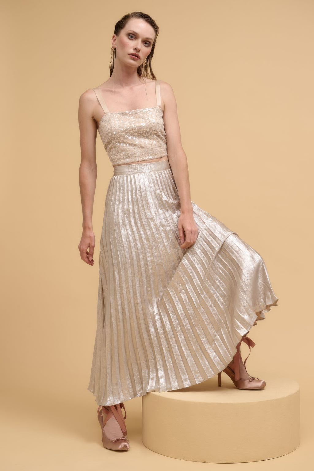 Champagne floral sequin straight-neck crop top with thin shoulder straps