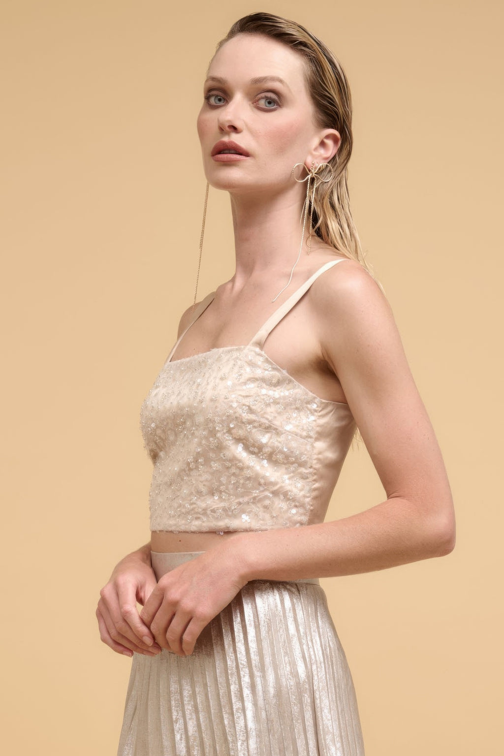 Champagne floral sequin straight-neck crop top, side view showing thin straps