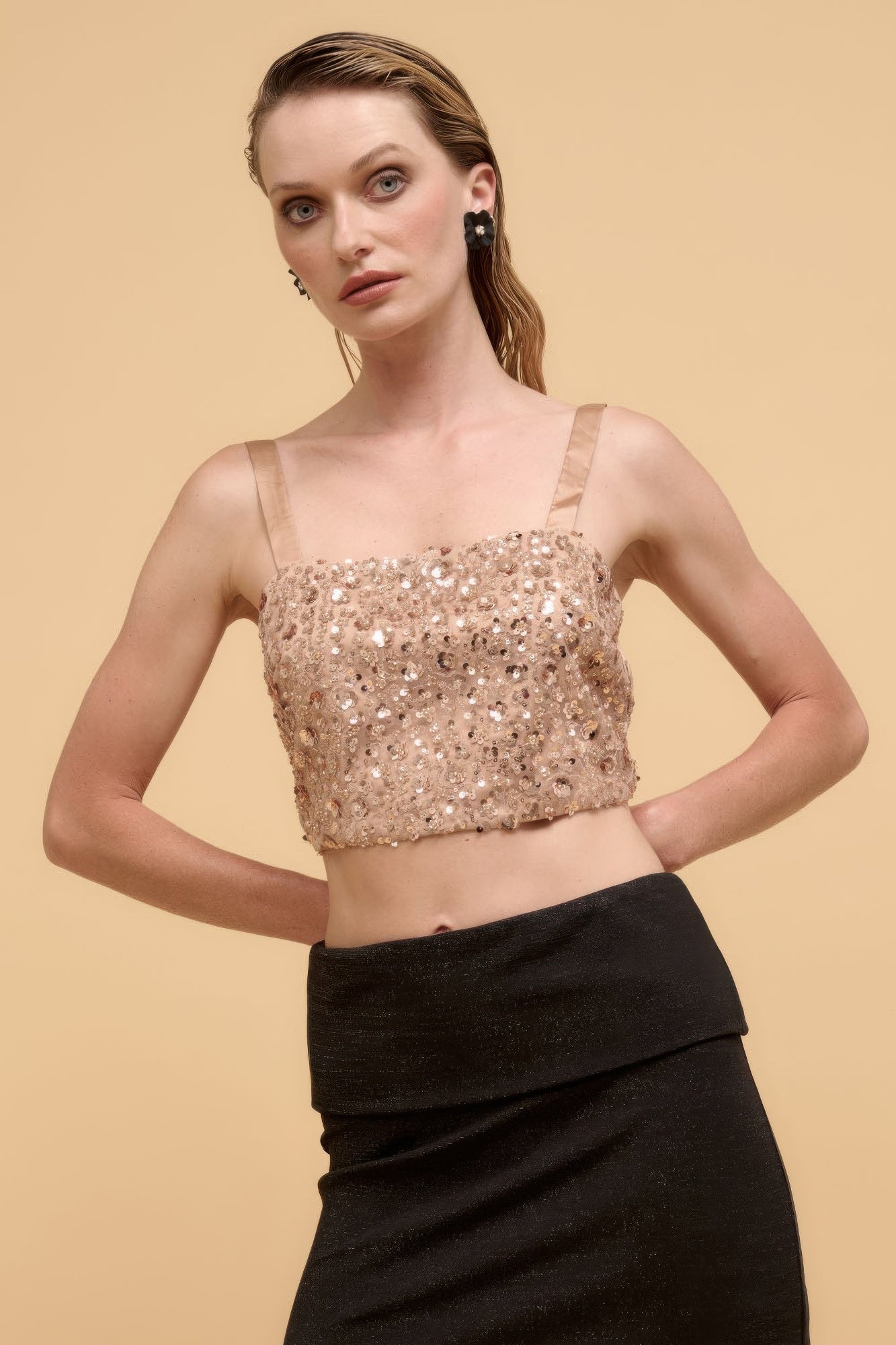 Champagne floral sequin straight-neck crop top with structured square neckline
