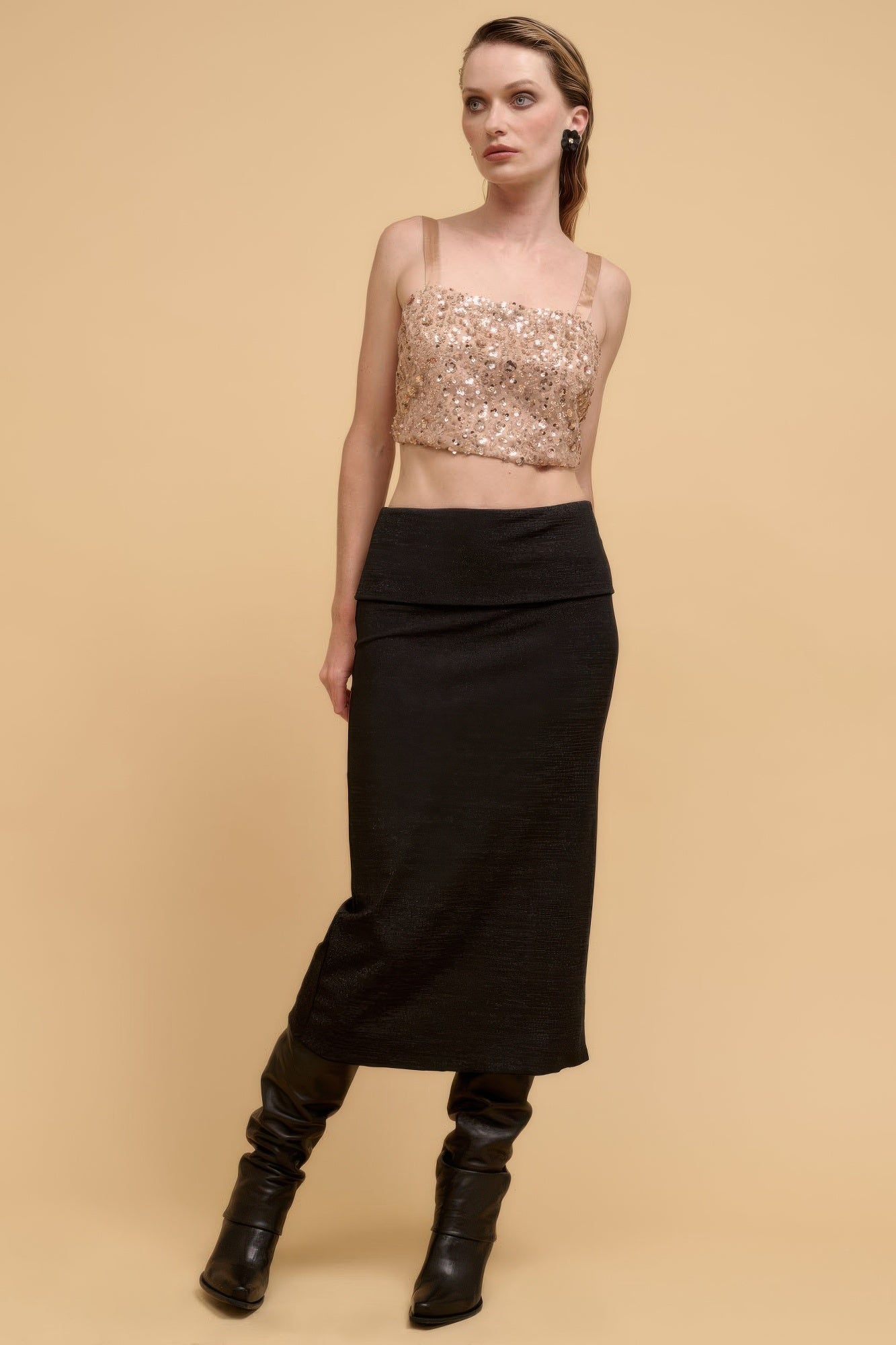 Floral sequin straight-neck crop top in champagne tone with thin adjustable straps