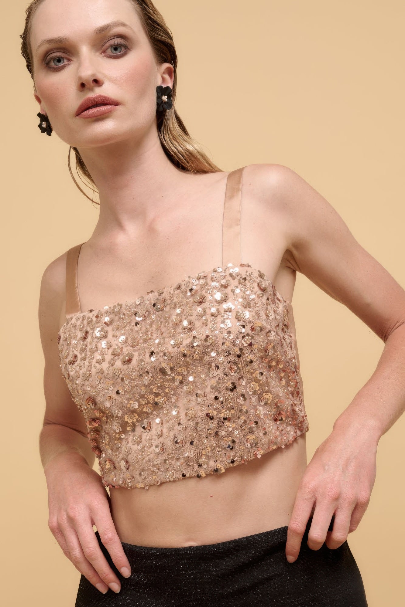Champagne sequin straight-neck crop top close-up at bust with dense floral sequins