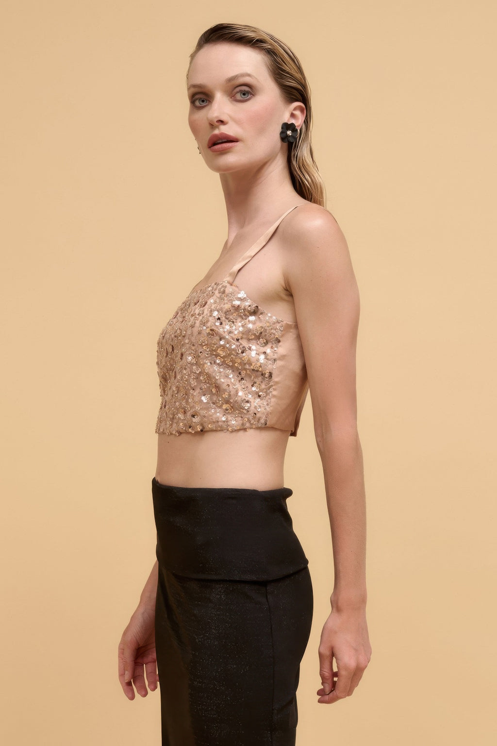 Champagne floral sequin straight-neck crop top, side profile with thin straps