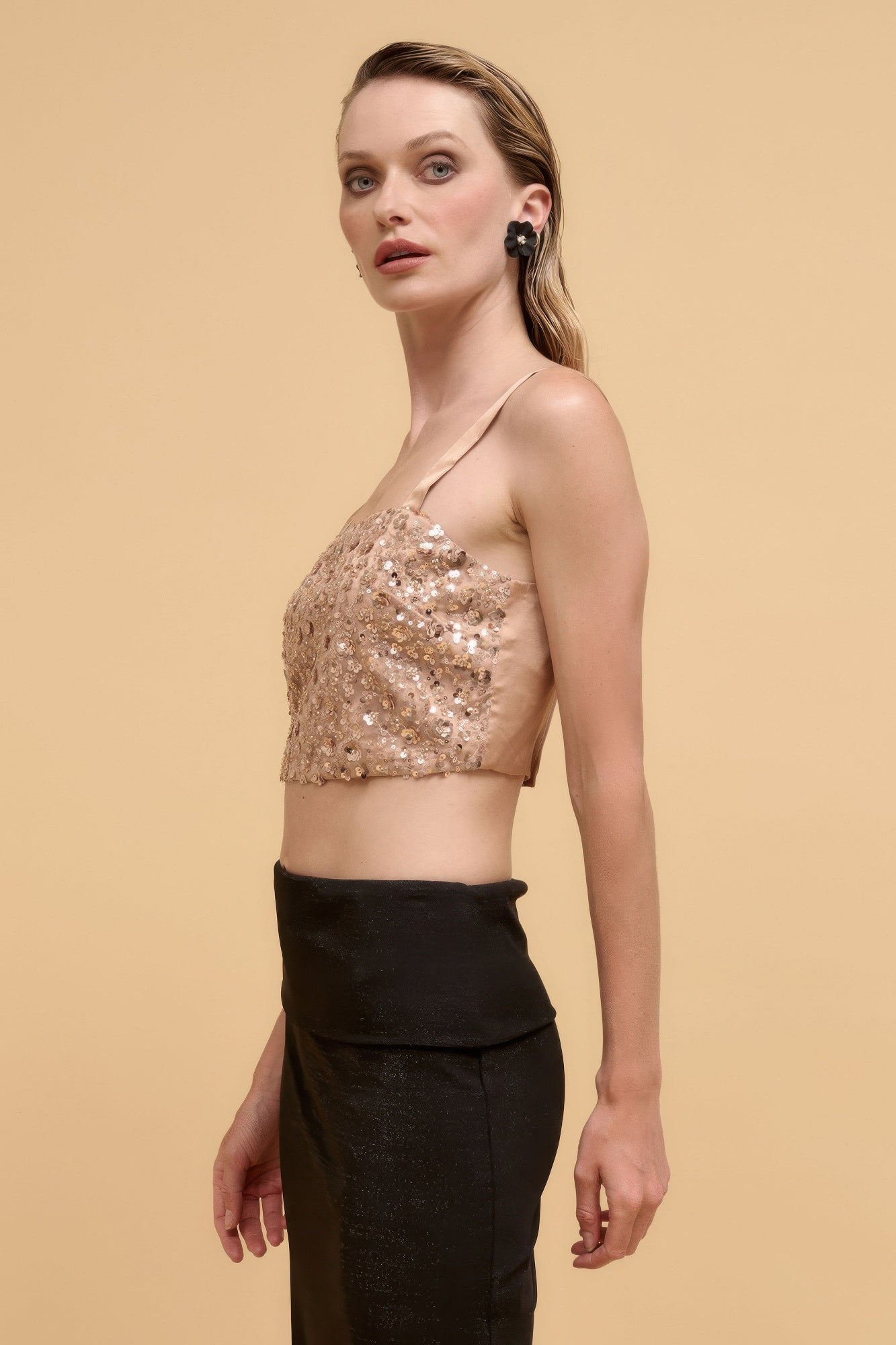 Champagne floral sequin straight-neck crop top, side profile with thin straps